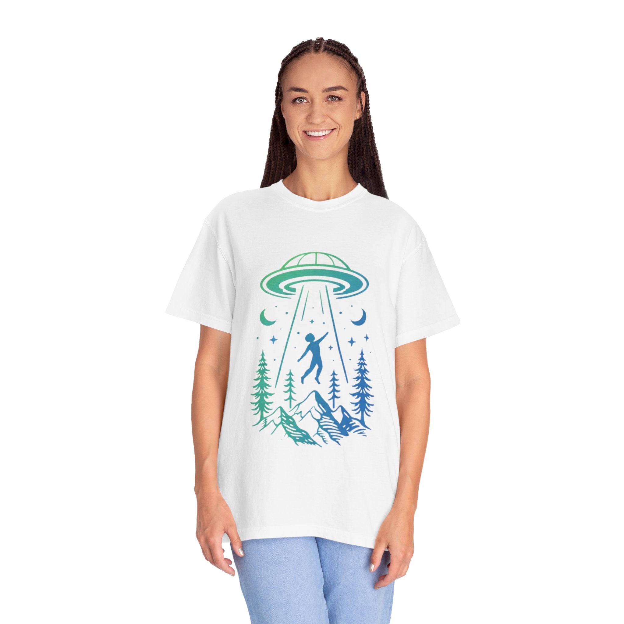 Alien Abduction Mountain T-Shirt | UFO Forest Graphic Tee