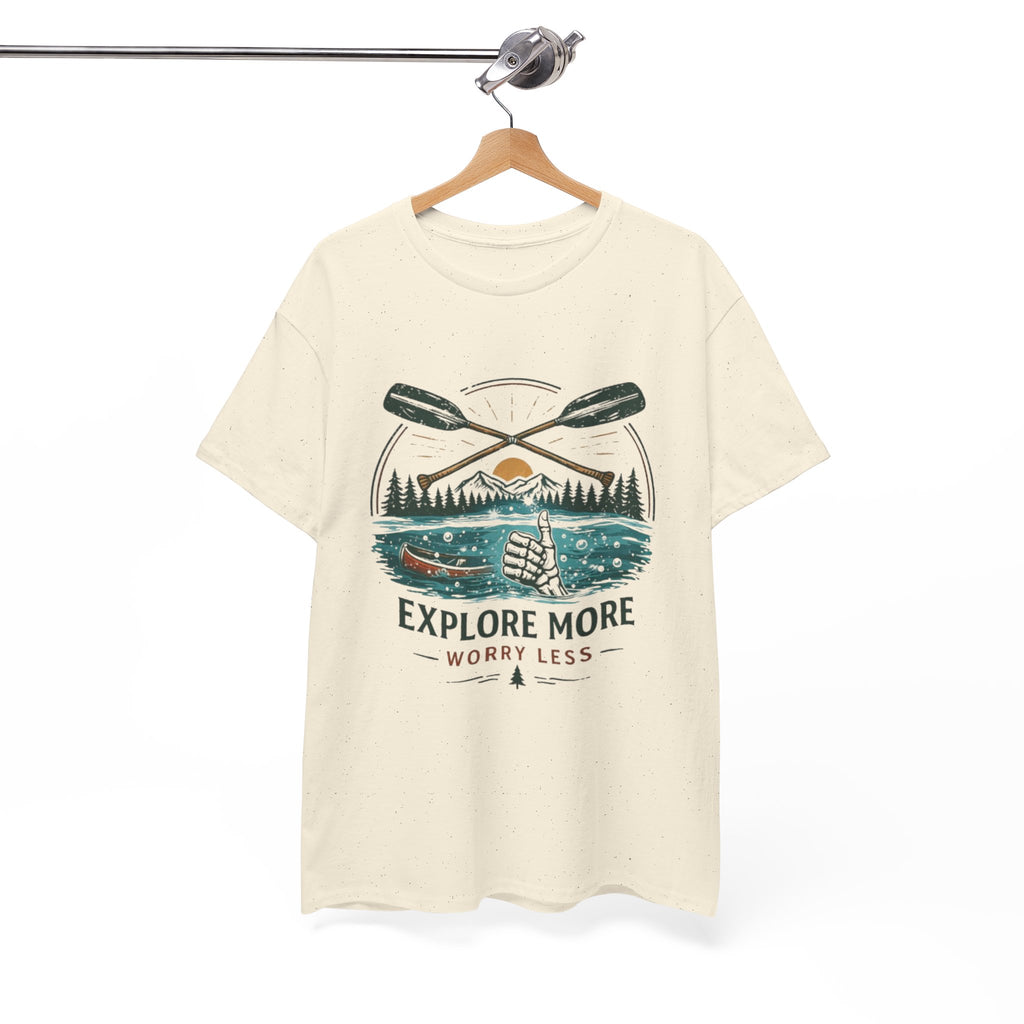 Explore More Worry Less T-Shirt | Outdoor Camping Canoe Graphic Skeleton Tee
