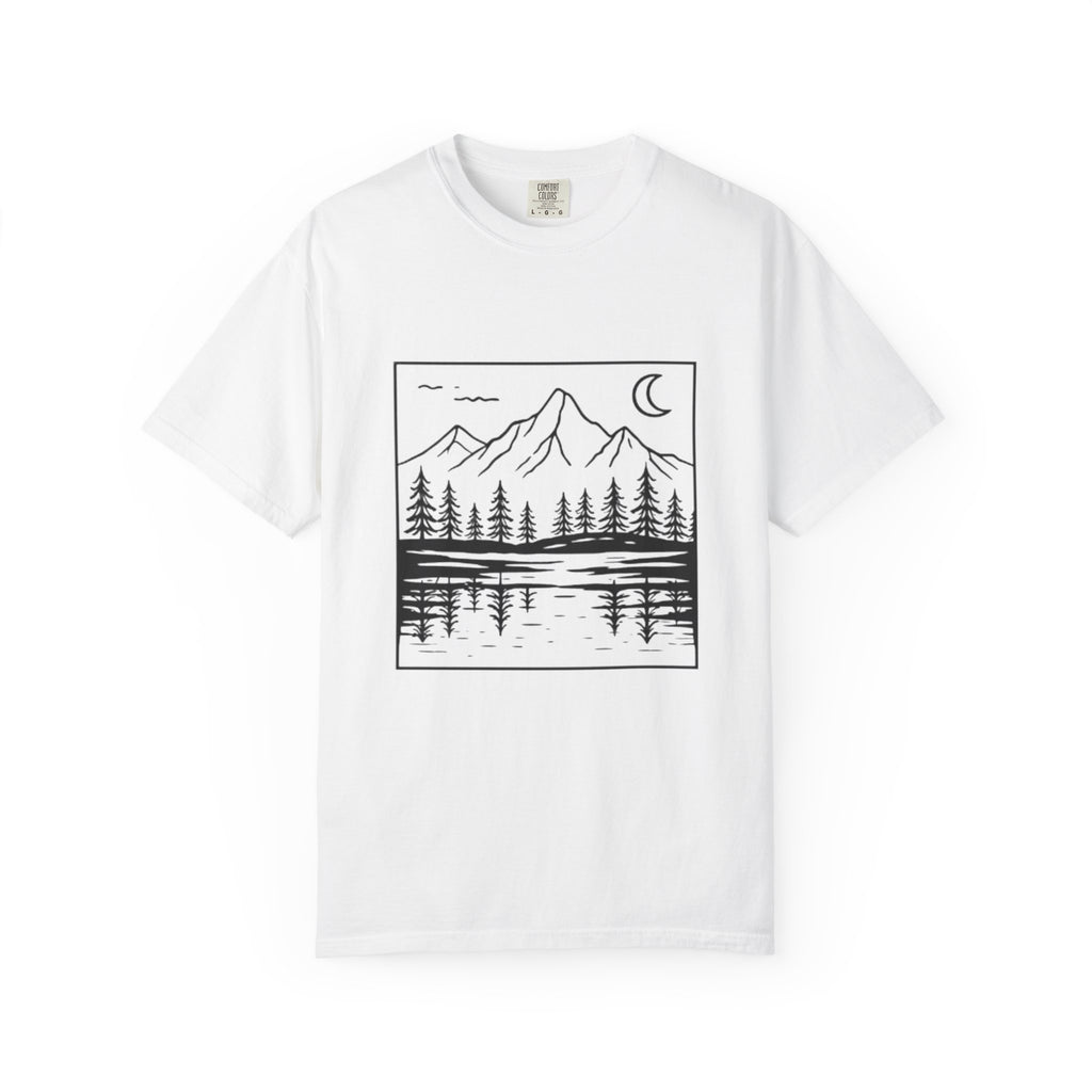 Mountain Lake T-Shirt | Minimal Nightscape with Pine Trees & Crescent Moon