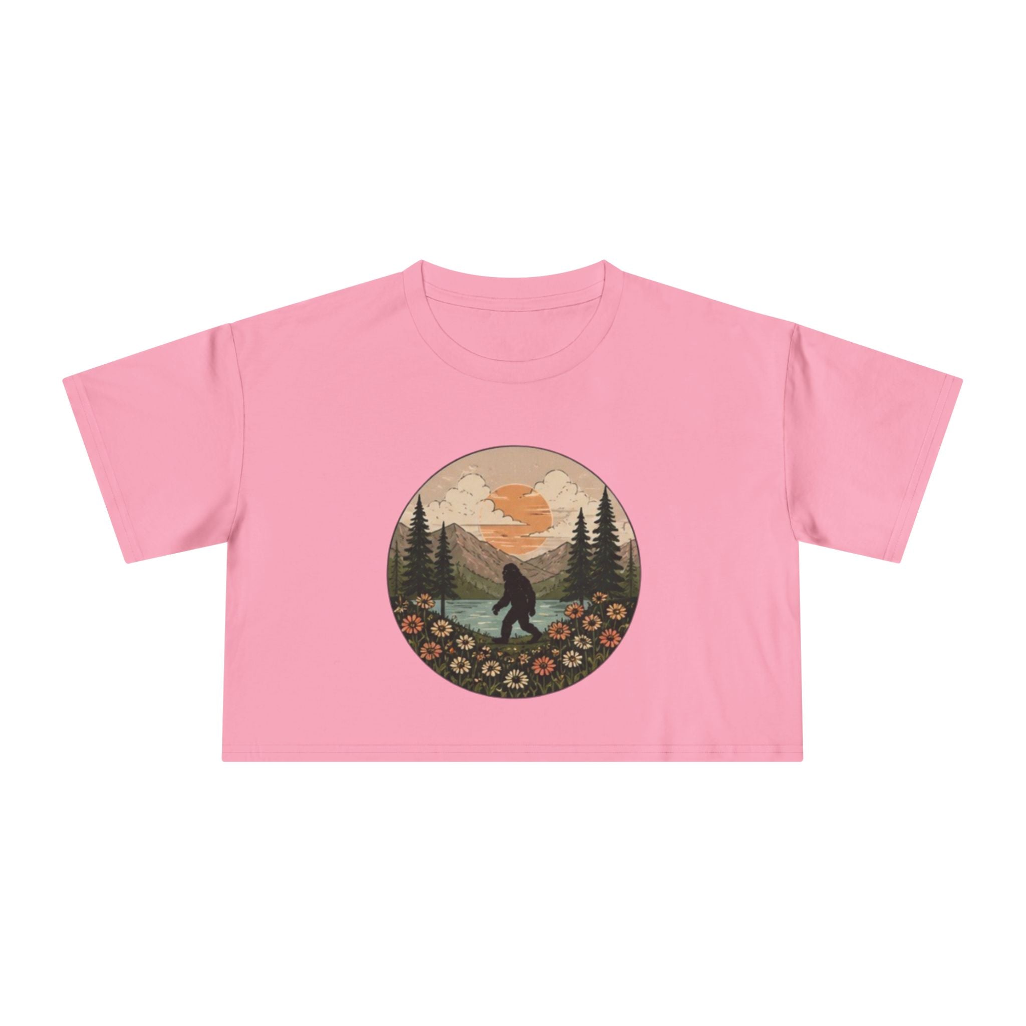 Bigfoot Sunset Crop Tee | Retro Mountain Floral Sasquatch Design