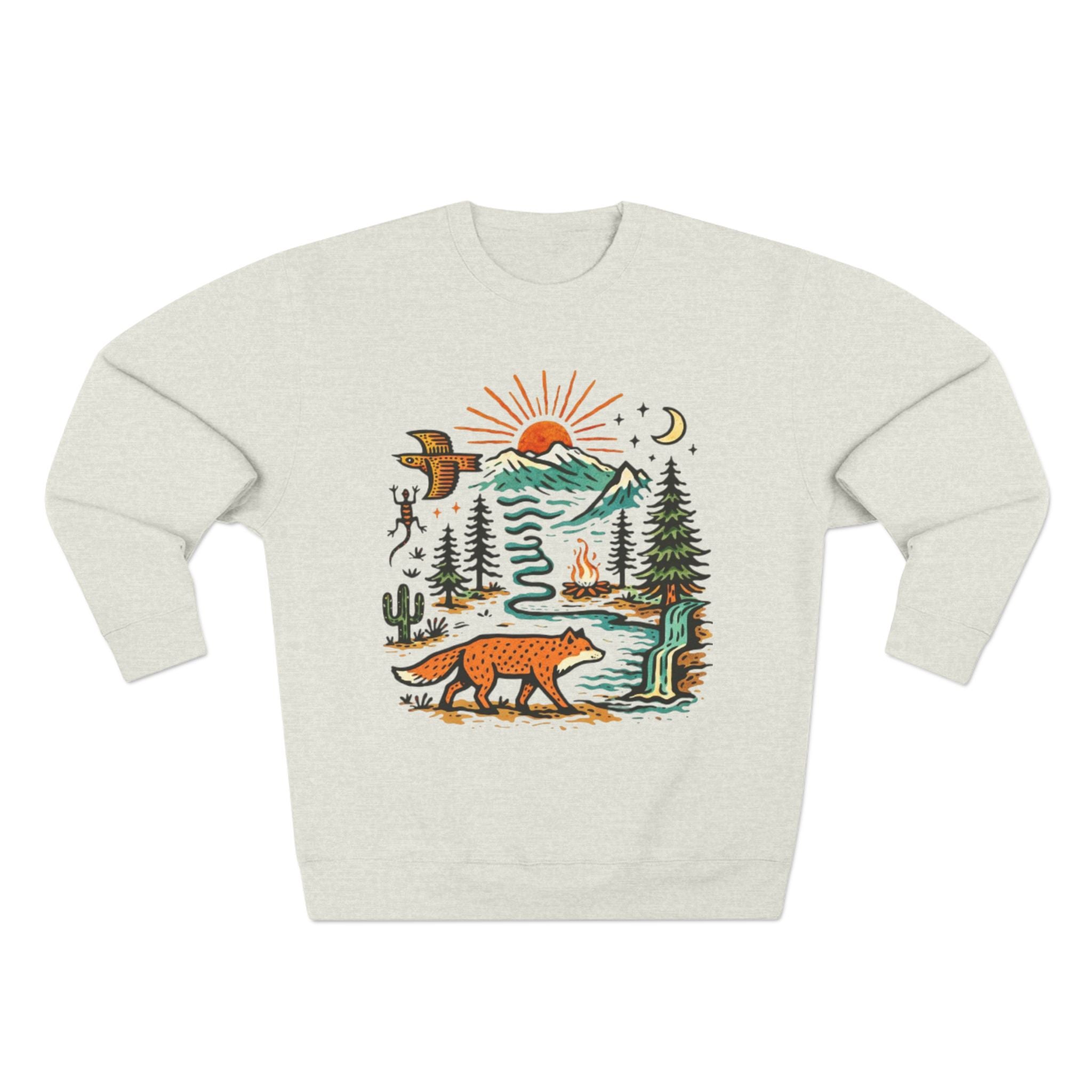 Nature Scene Sweatshirt | Mountain Adventure with Fox & Campfire Graphic