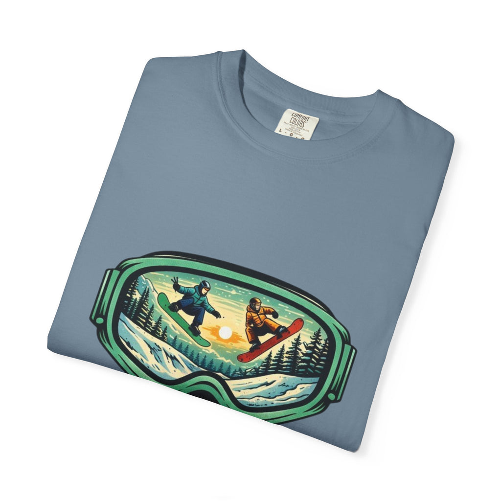 Snowboard Goggles Graphic T-Shirt | Mountain Scene with Ride the Ridge Design