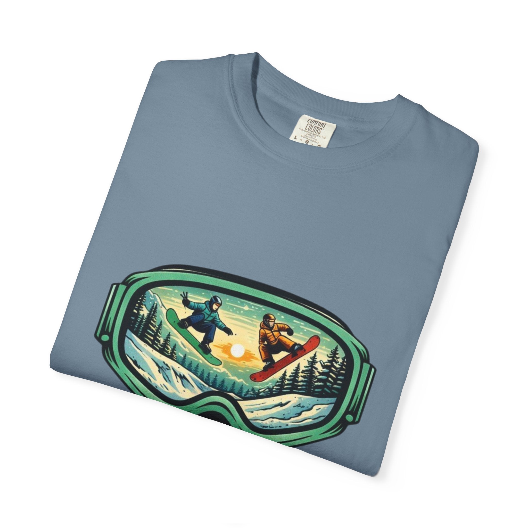 Snowboard Goggles Graphic T-Shirt | Mountain Scene with Ride the Ridge Design