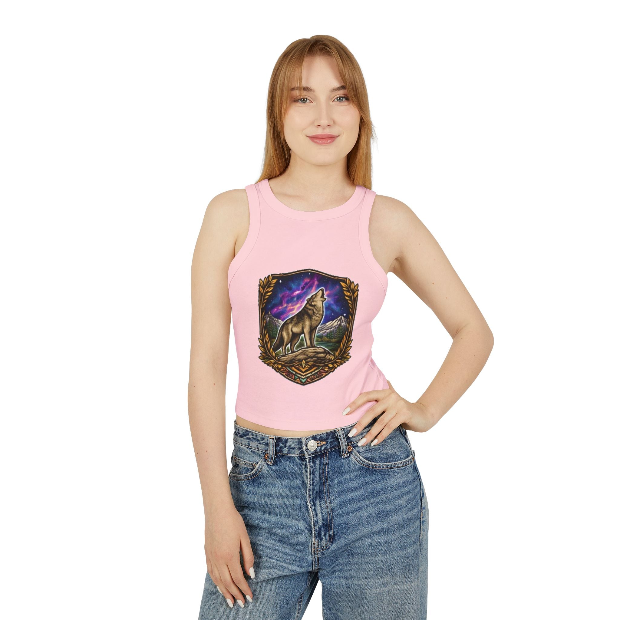 Wolf Crest Racer Tank Top | Northern Lights Graphic Crop Tank
