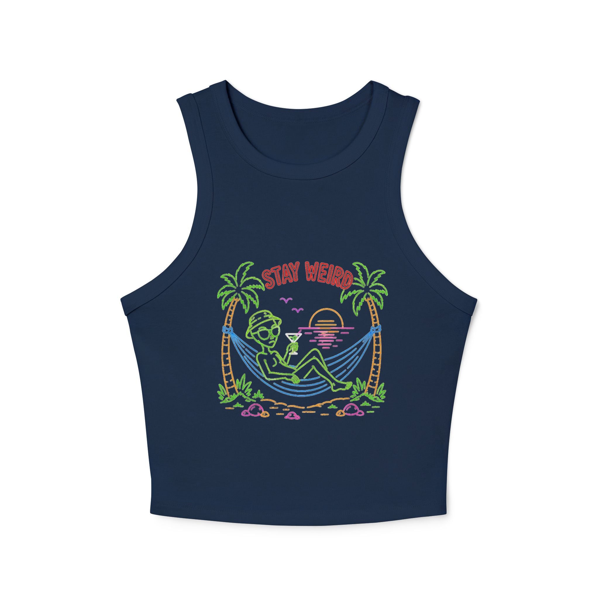 Stay Weird Tank Top | Womens Ribbed Racerback Crop Tank with Retro Beach Graphic
