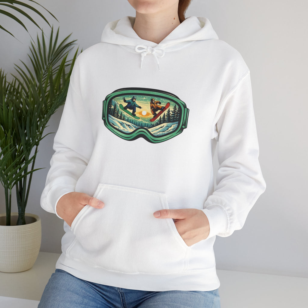 Snowboard Goggles Graphic Hoodie | Winter Mountain Sunset Scene