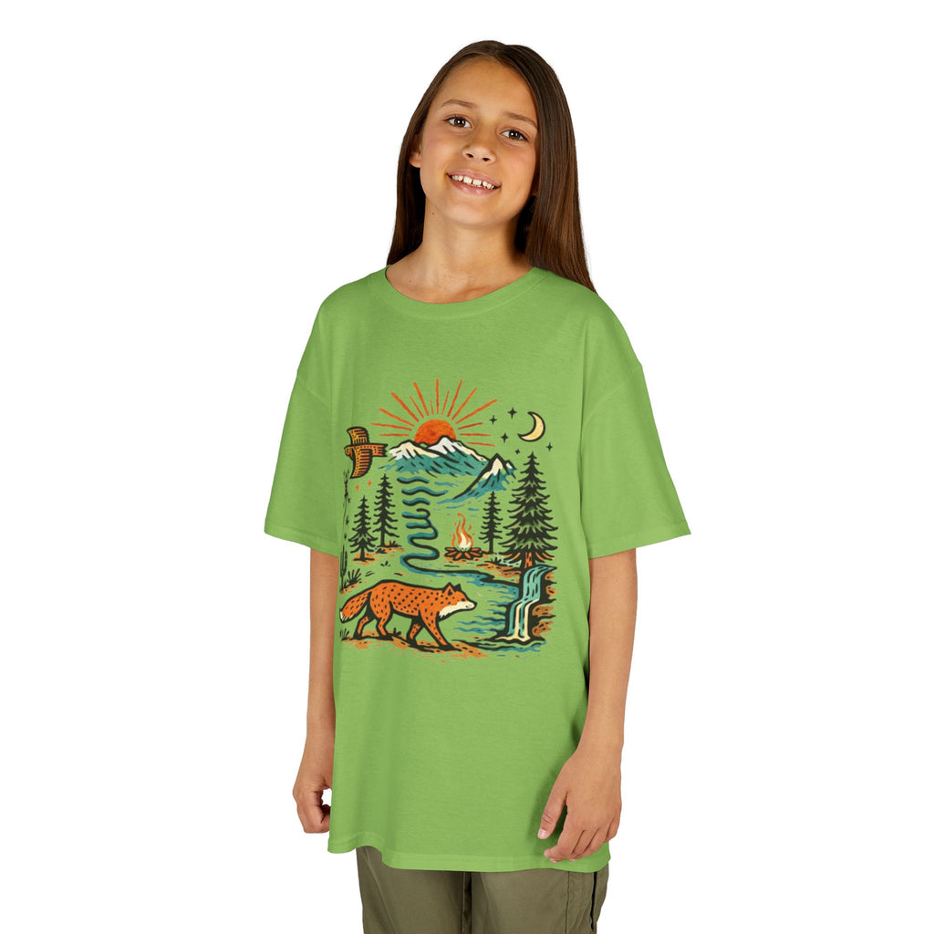 Kids T-Shirt | Retro Nature Scene with Fox Mountains & Sun | Adventure Outdoor Tee