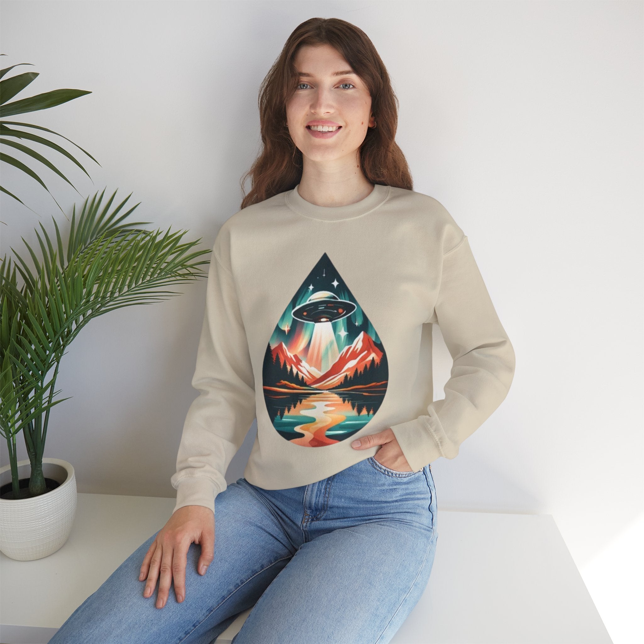 UFO Mountain Crewneck Sweatshirt | Retro Alien Landscape Graphic