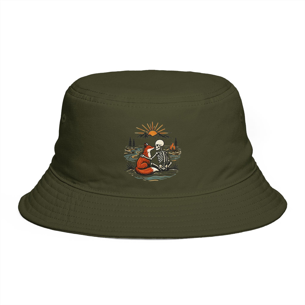Adventure Fox & Skeleton Bucket Hat | Retro Nature Camping Graphic