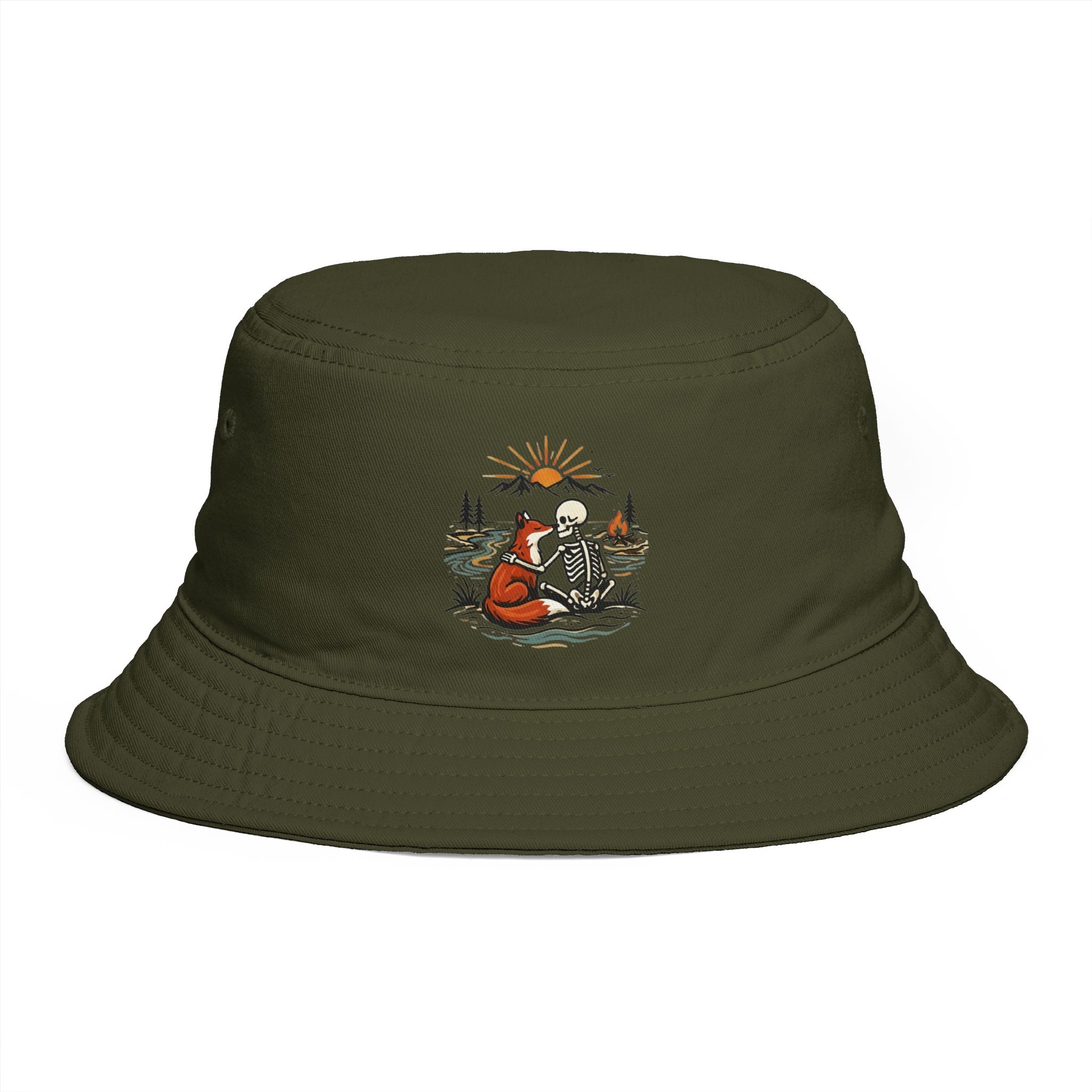 Adventure Fox & Skeleton Bucket Hat | Retro Nature Camping Graphic