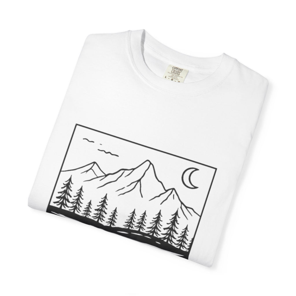 Mountain Lake T-Shirt | Minimal Nightscape with Pine Trees & Crescent Moon