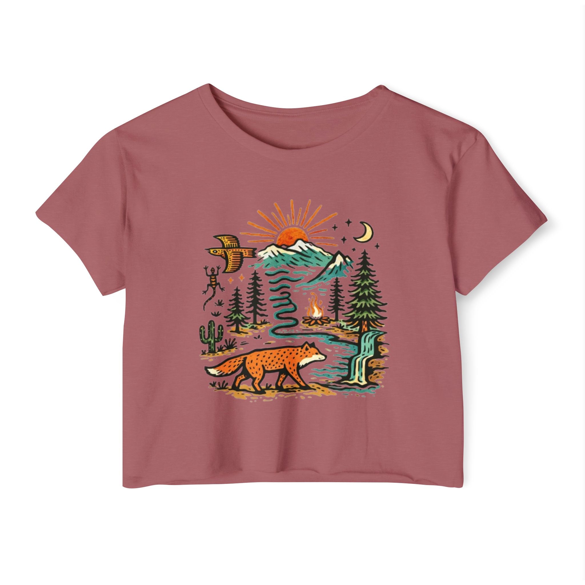 Wildlife Sunset Crop Top | Fox & Mountain Festival Tee