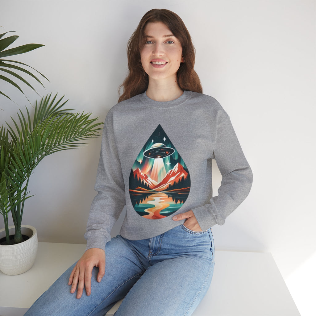 UFO Mountain Crewneck Sweatshirt | Retro Alien Landscape Graphic