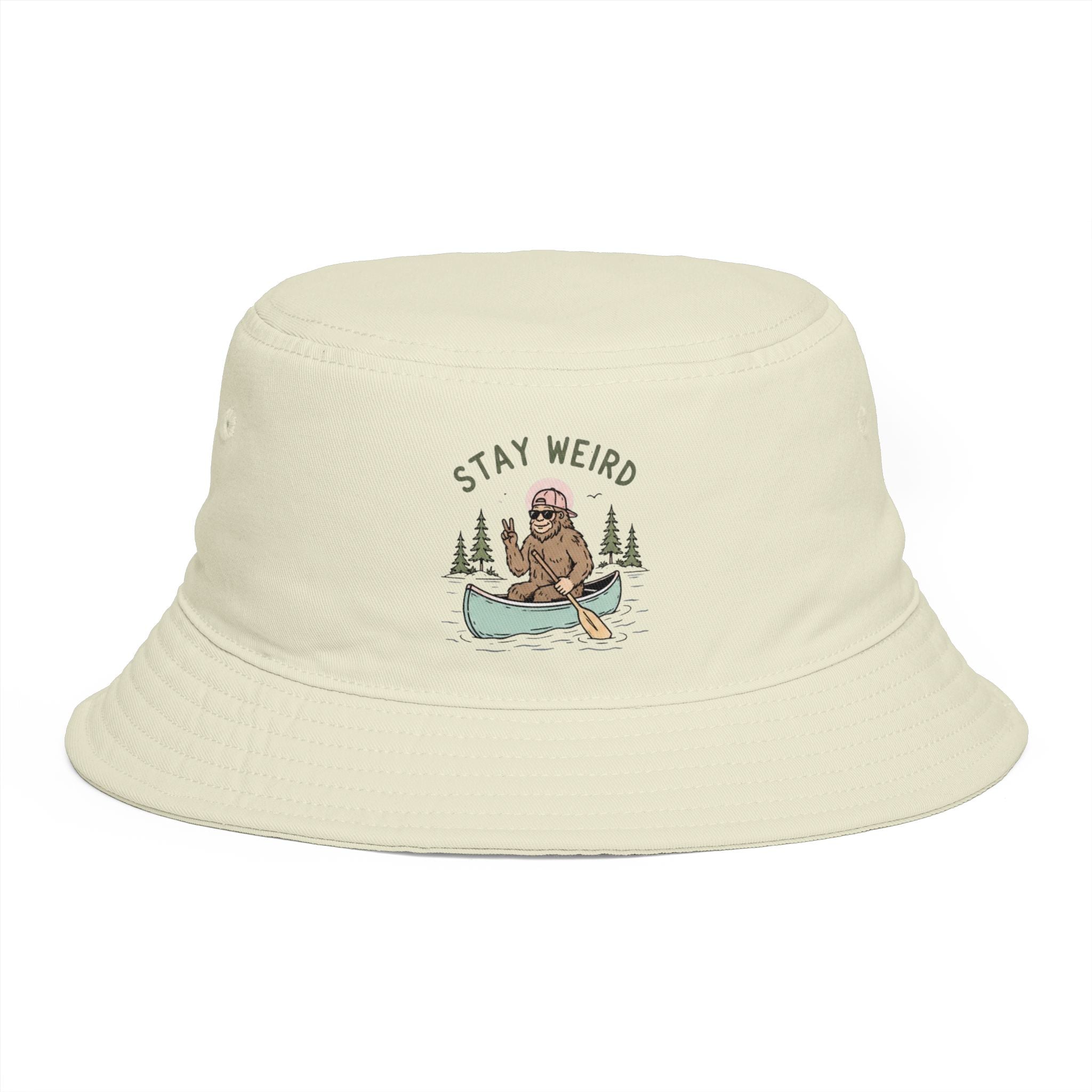 Stay Weird Bucket Hat — Cute Sasquatch Canoe Graphic, Outdoor Adventure Cap