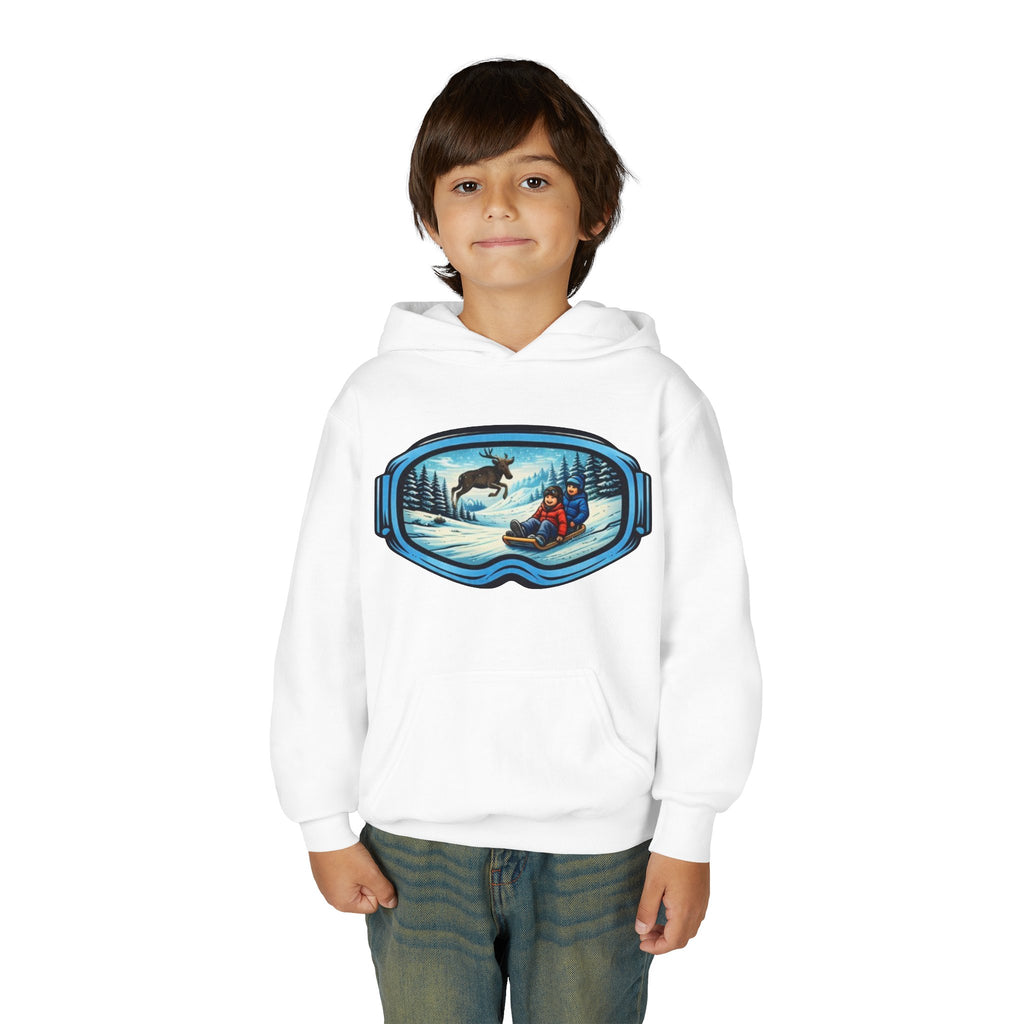 Youth Hoodie | Snow Goggles Winter Sledding Moose Graphic