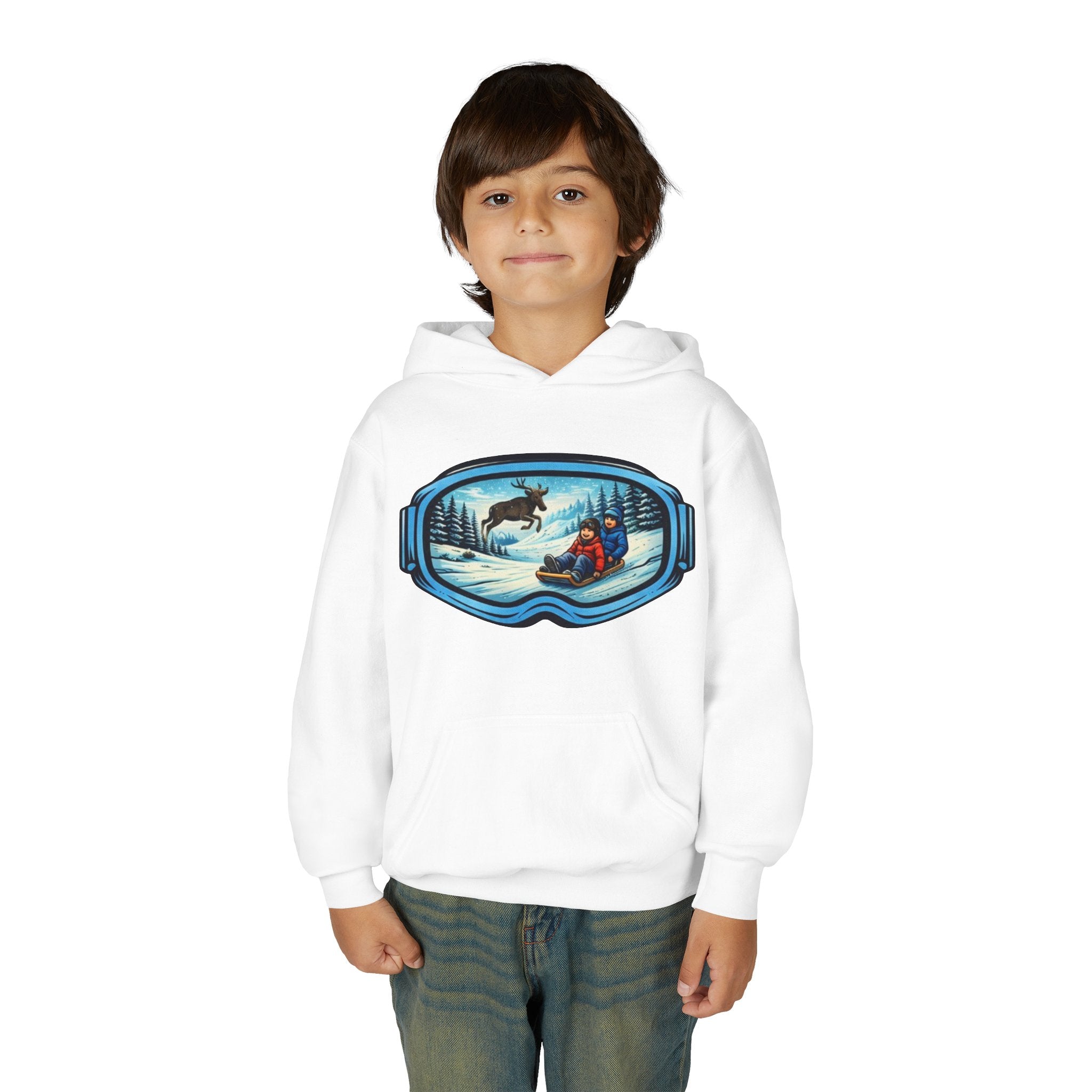 Youth Hoodie | Snow Goggles Winter Sledding Moose Graphic
