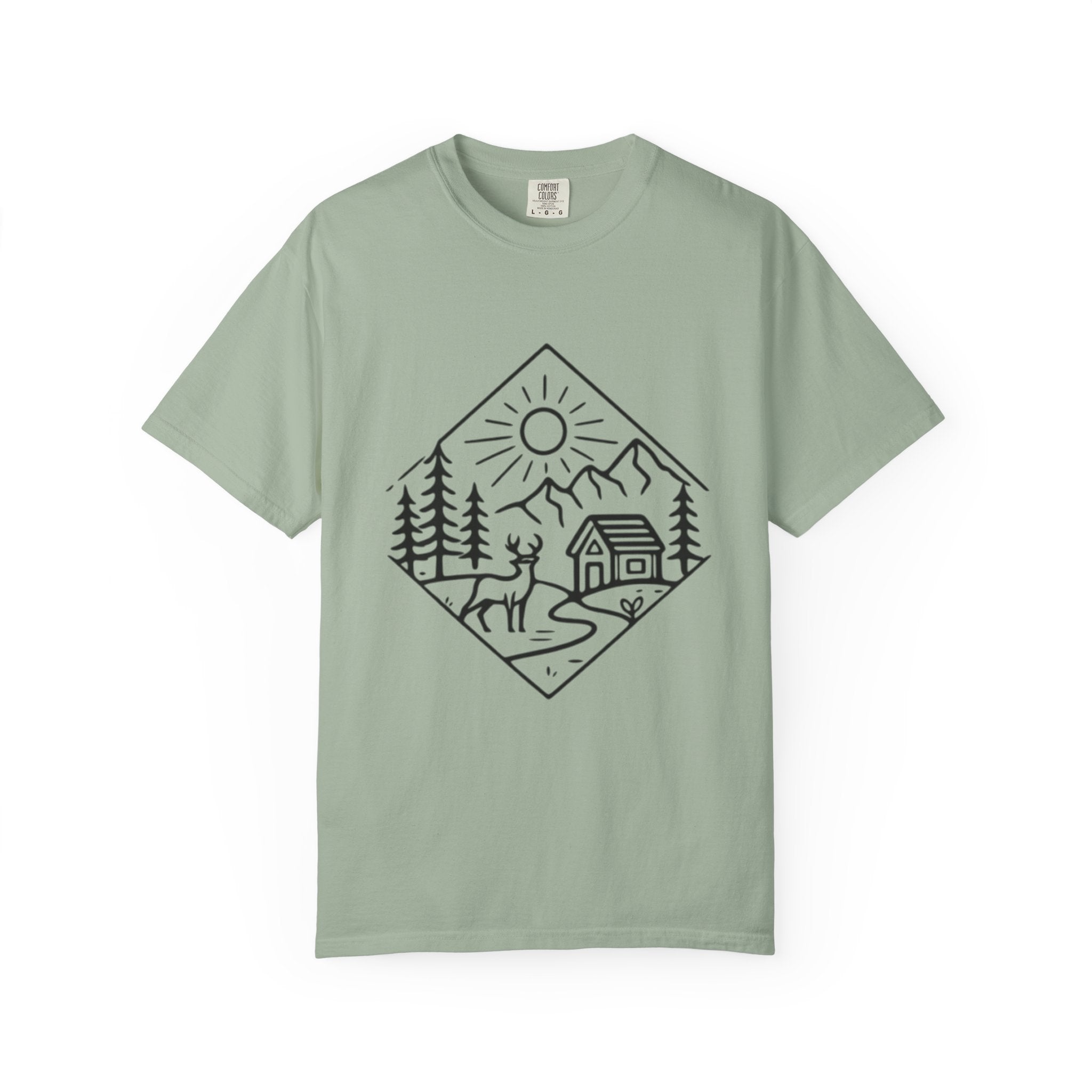 Cabin Adventure Graphic T-Shirt | Mountain, Deer & Forest Line Art