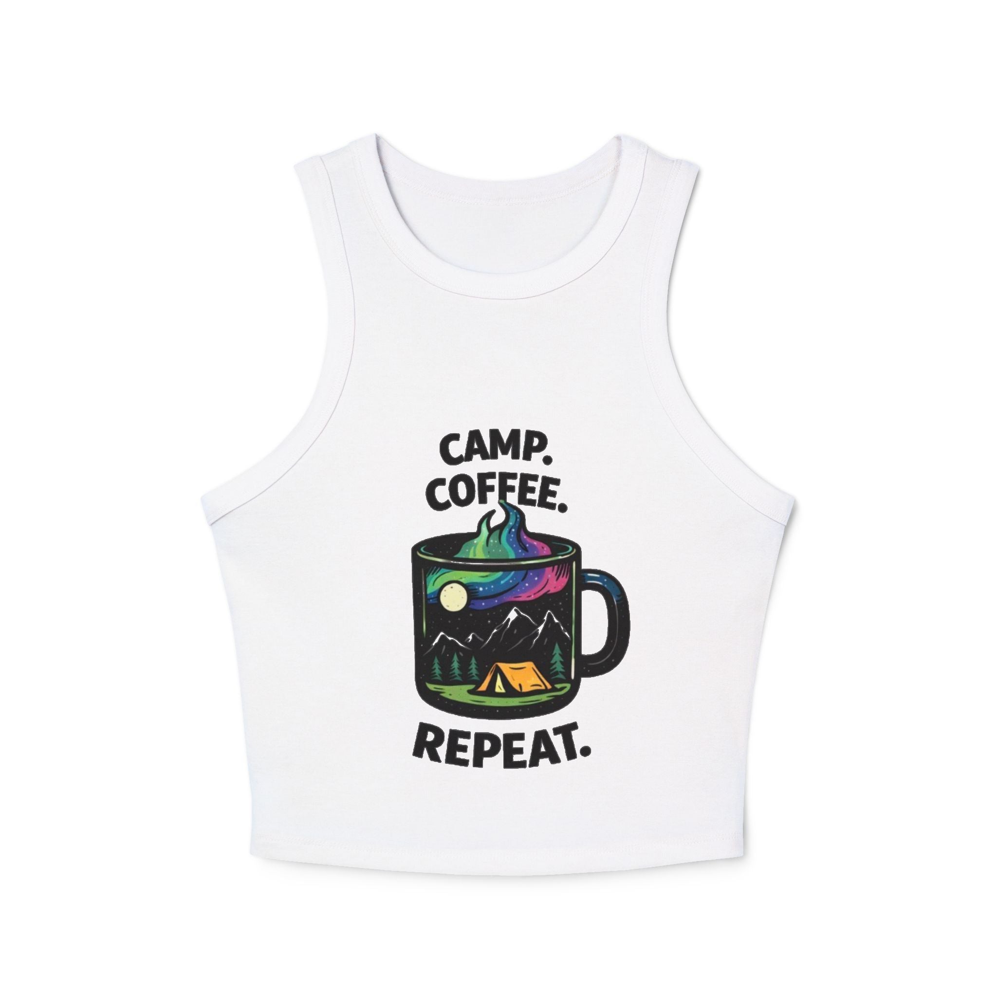 Camp Coffee Repeat Racer Tank | Womens Camping Coffee Graphic Tank Top