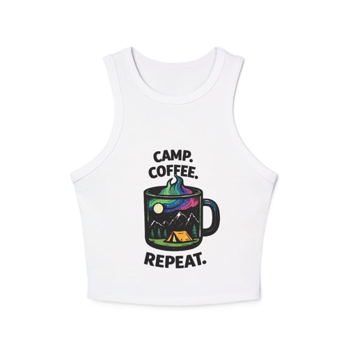 Camp Coffee Repeat Racer Tank | Womens Camping Coffee Graphic Tank Top