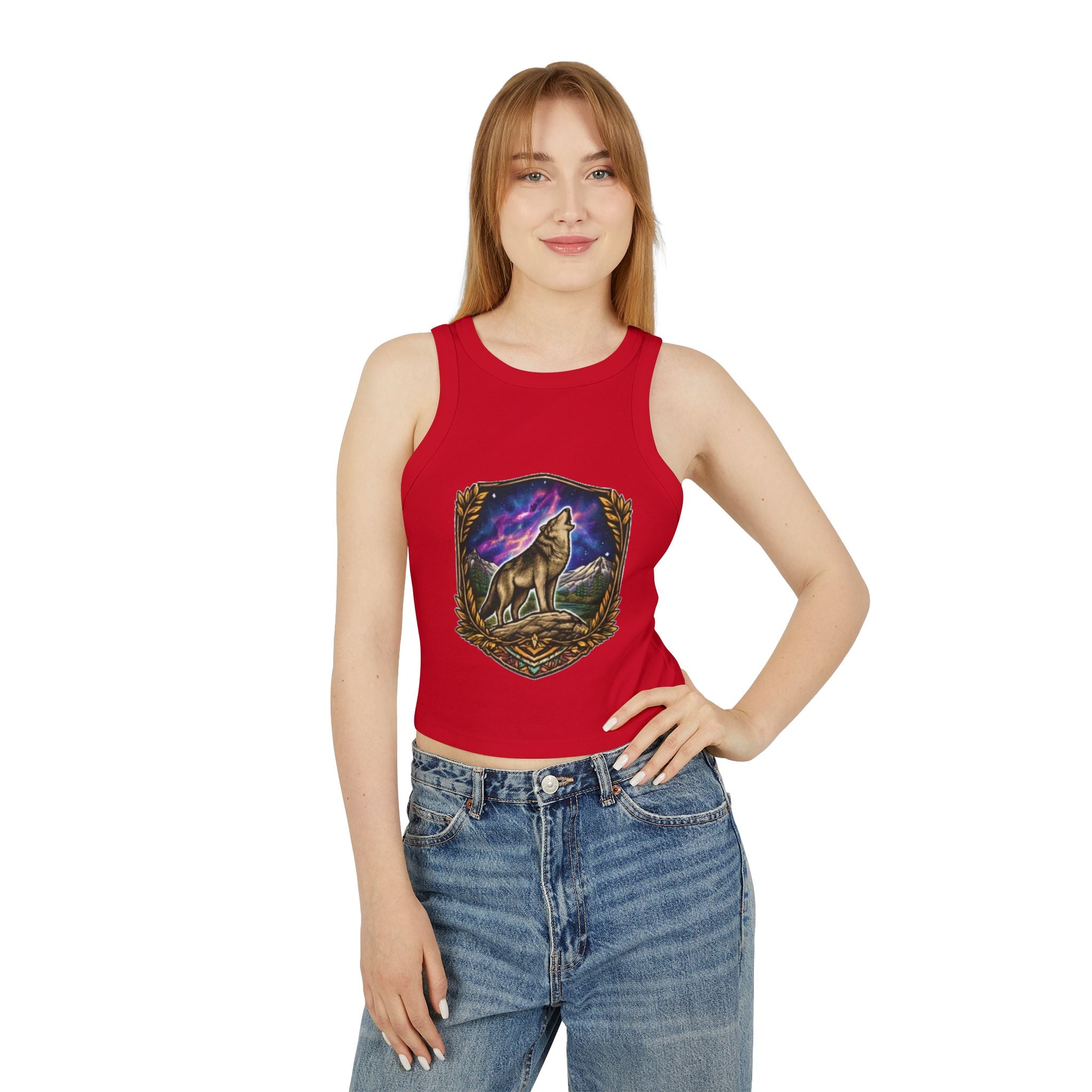 Wolf Crest Racer Tank Top | Northern Lights Graphic Crop Tank