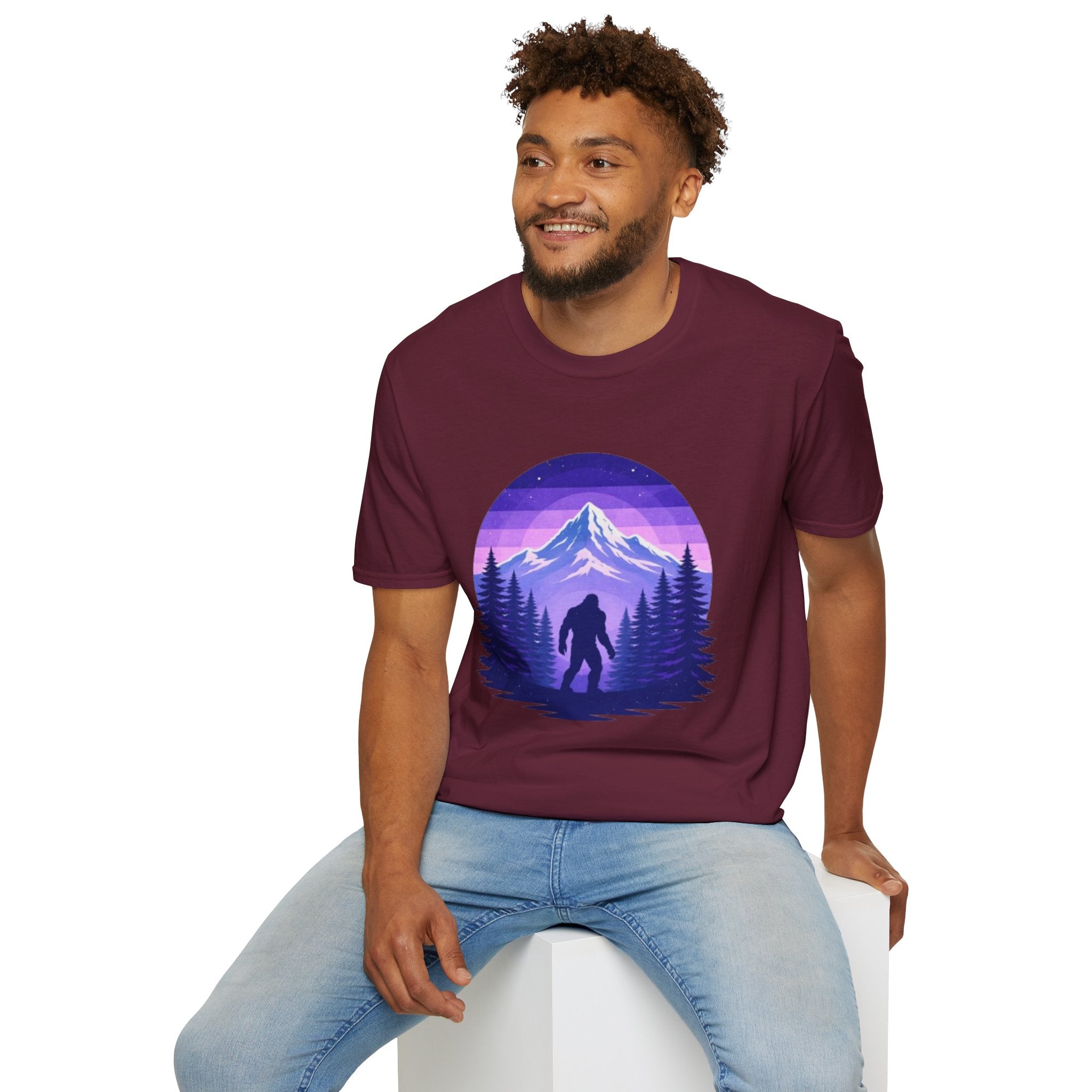 Bigfoot Mountain Sunset T-Shirt | Retro Purple Wilderness Adventure Tee