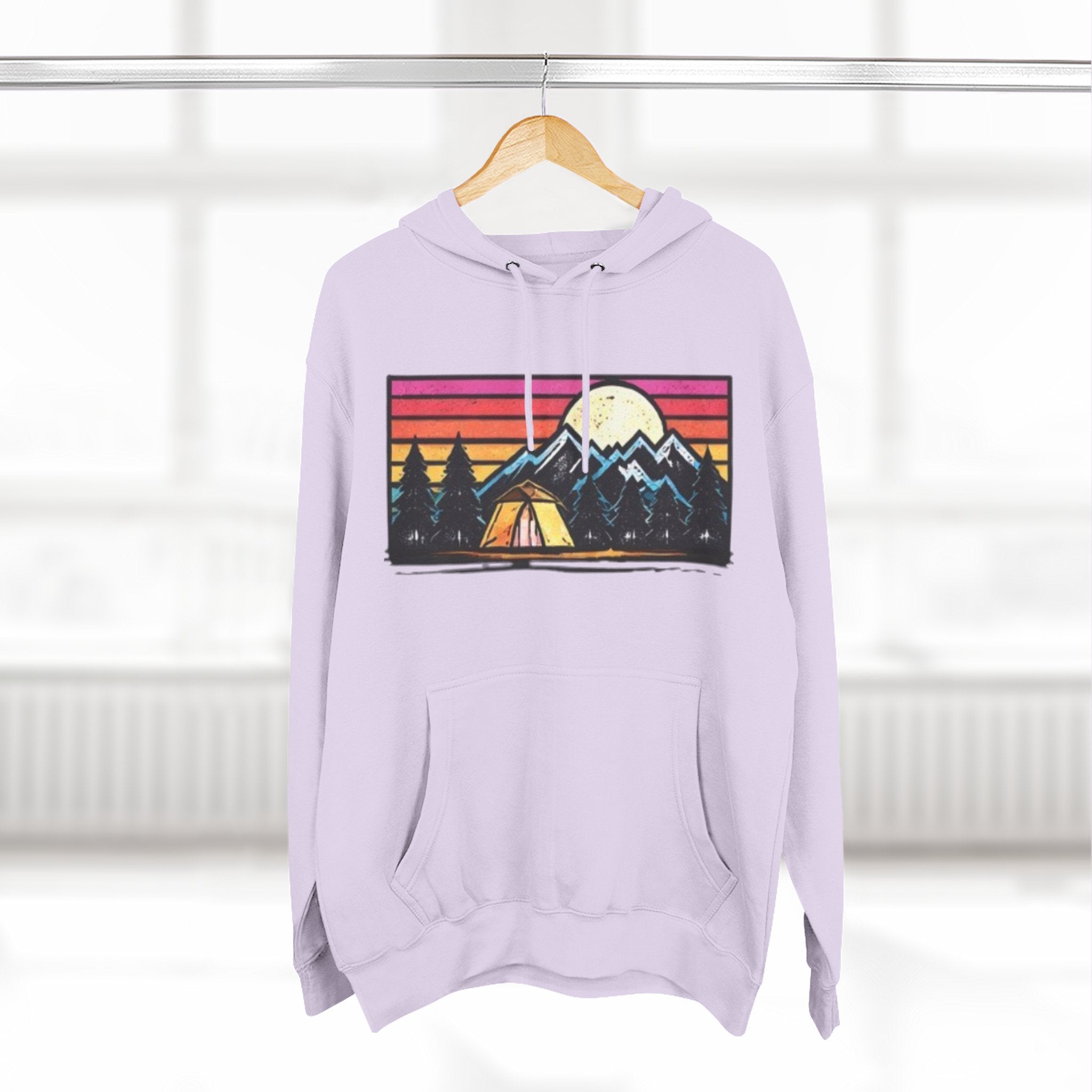Retro Mountain Camping Hoodie — Sunrise Tent Graphic Fleece Hoodie