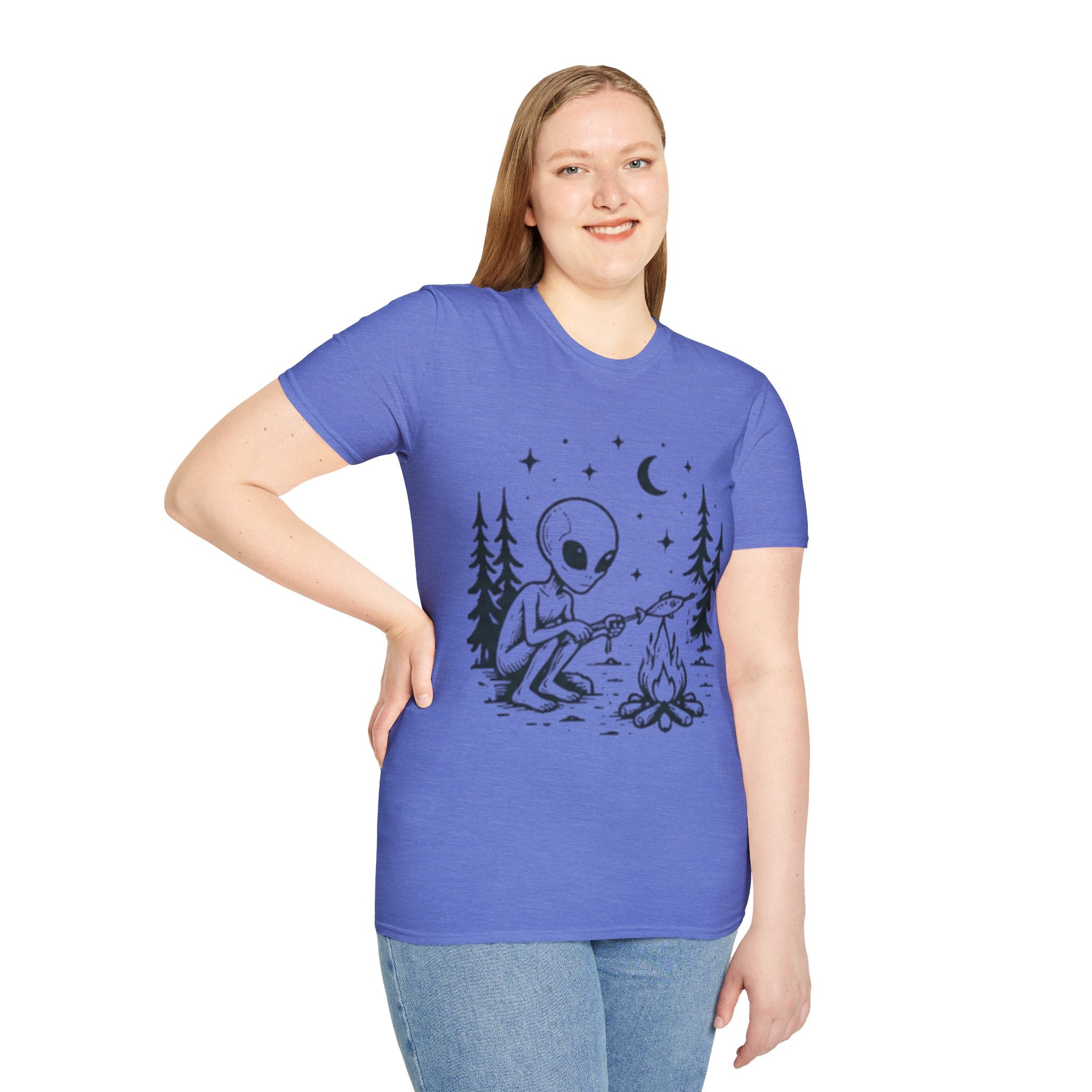 Alien Camping T-Shirt | Cute Space Alien Roasting Fish Graphic Tee