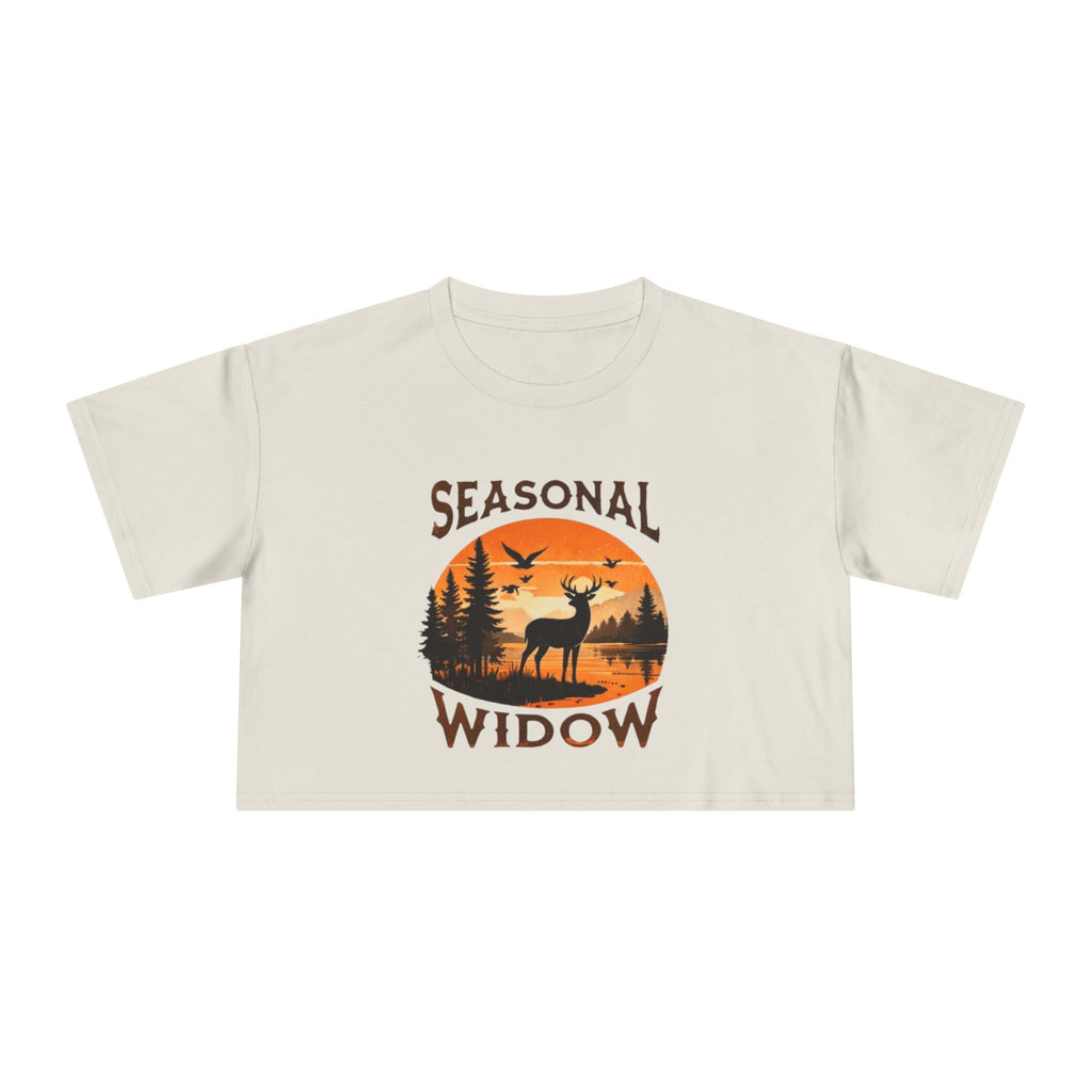 Seasonal Widow Crop Tee | Autumn Hunting Deer Sunset Graphic
