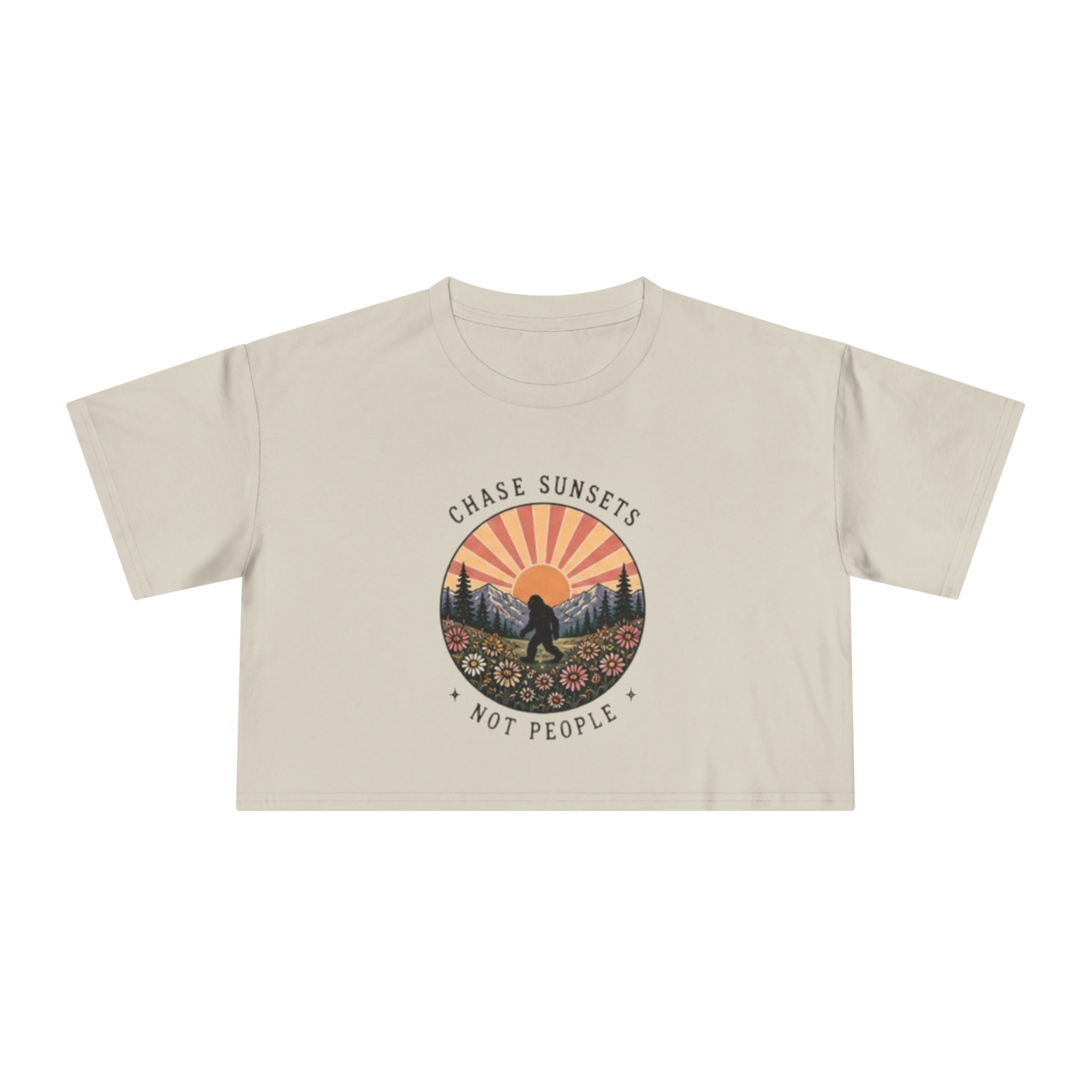 Crop Tee | "Chase Sunsets Not People" Retro Sunset Graphic