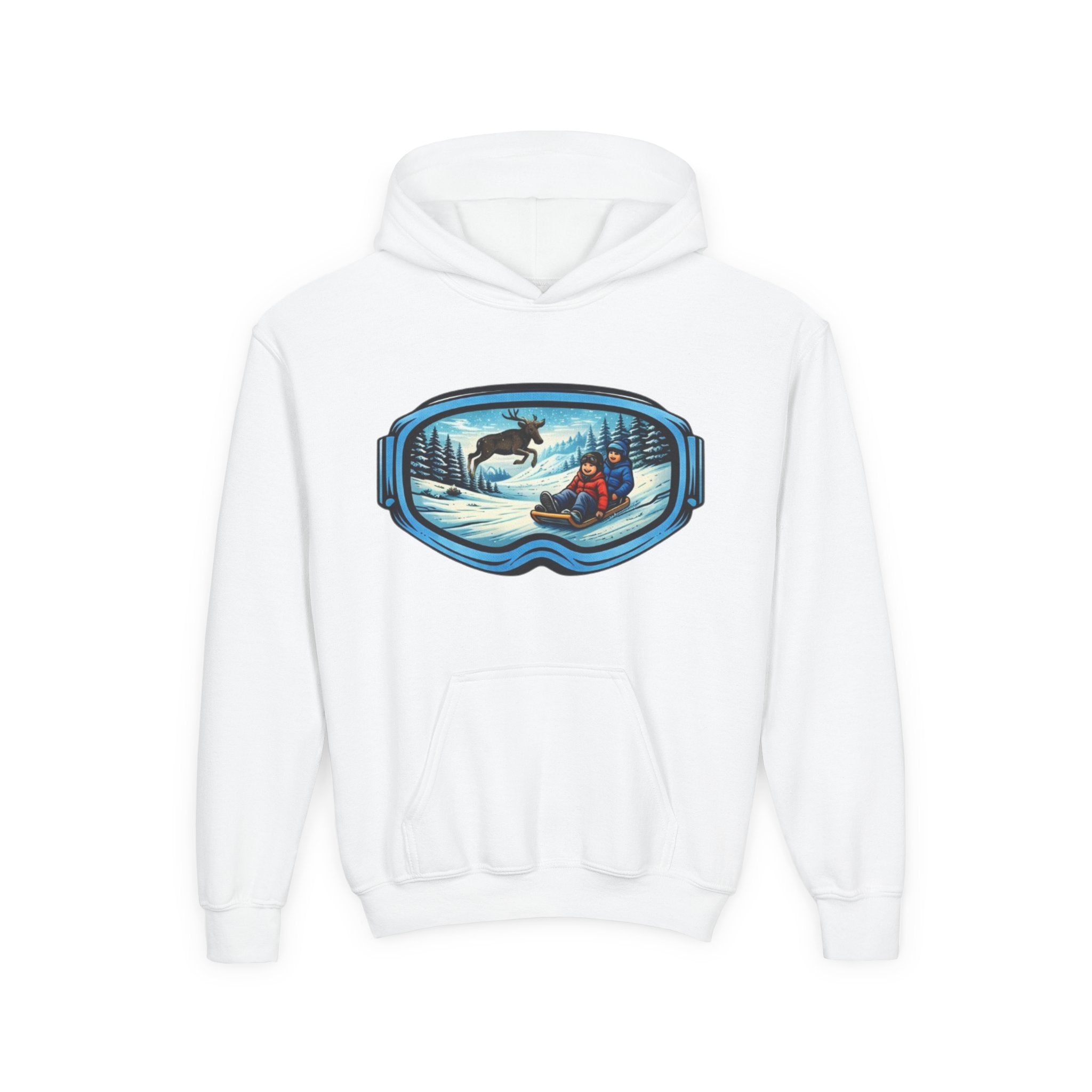 Youth Hoodie | Snow Goggles Winter Sledding Moose Graphic