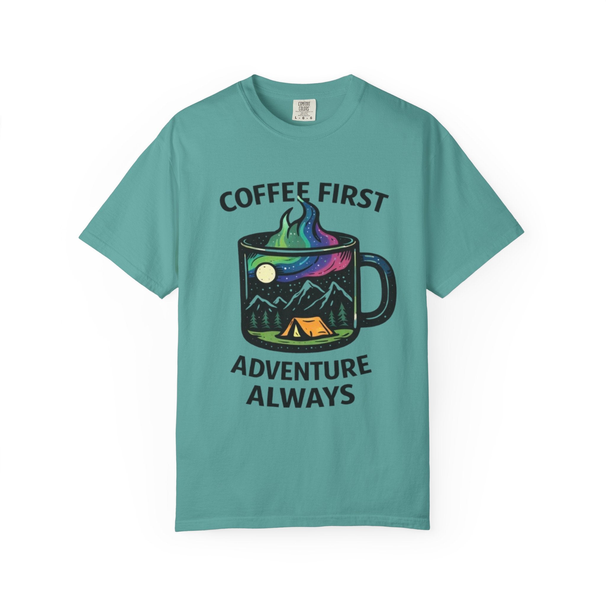 Coffee First Adventure Always T-Shirt | Camping Mug Mountain Design