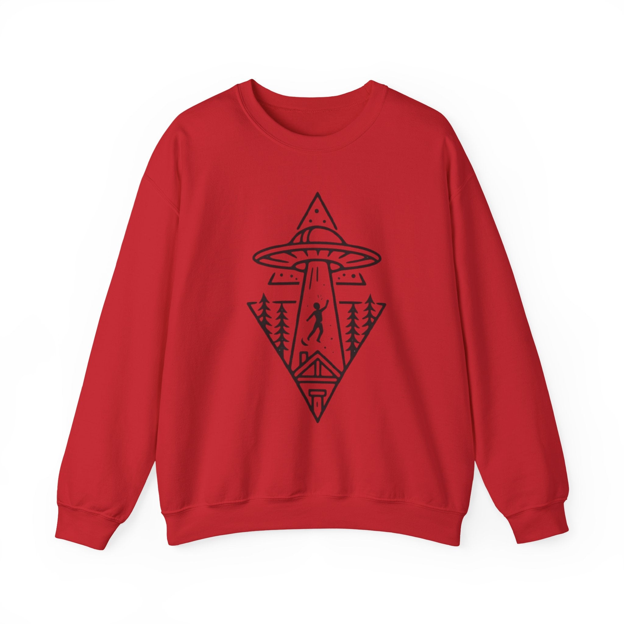 Alien Abduction Crewneck Sweatshirt | Geometric UFO Forest Design