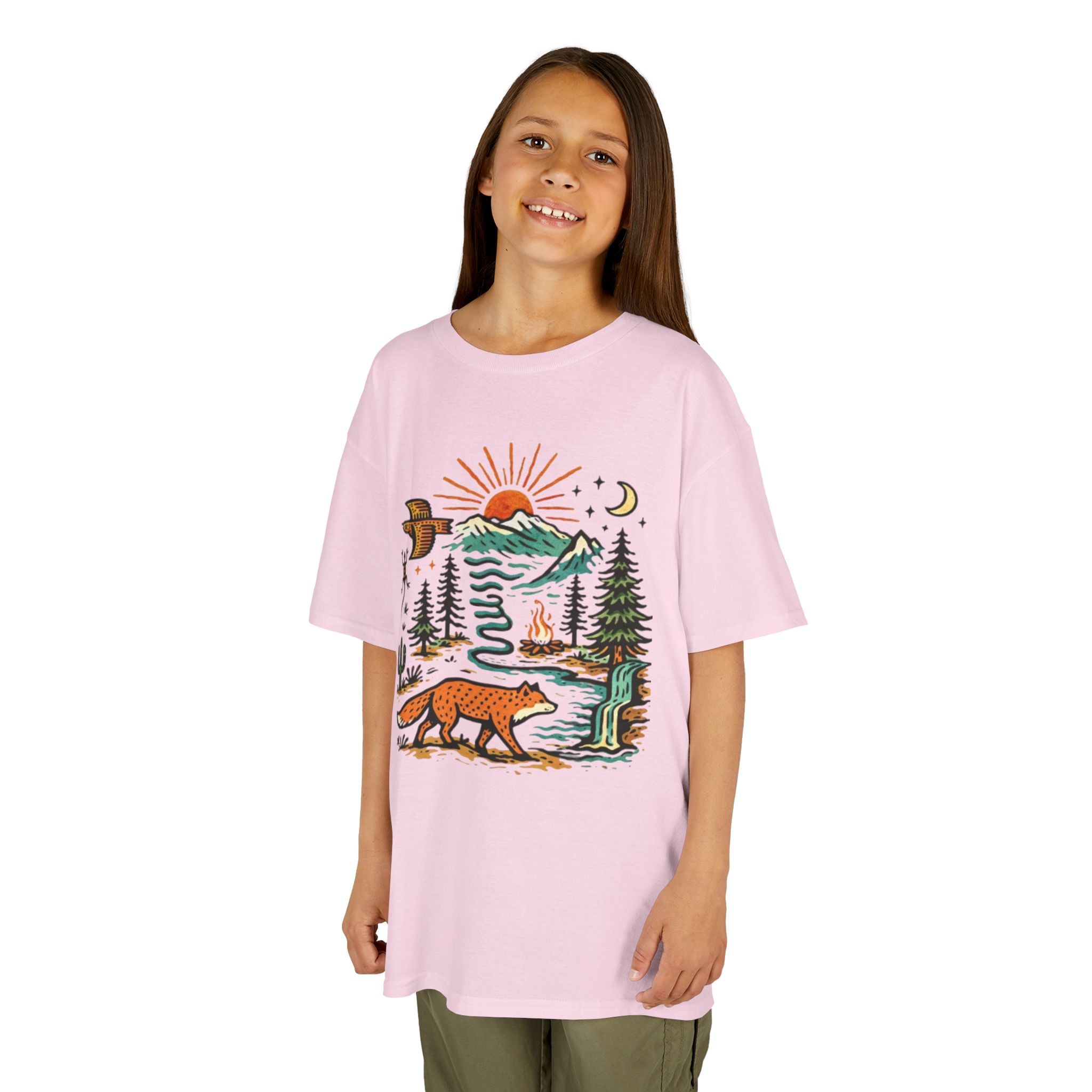 Kids T-Shirt | Retro Nature Scene with Fox Mountains & Sun | Adventure Outdoor Tee