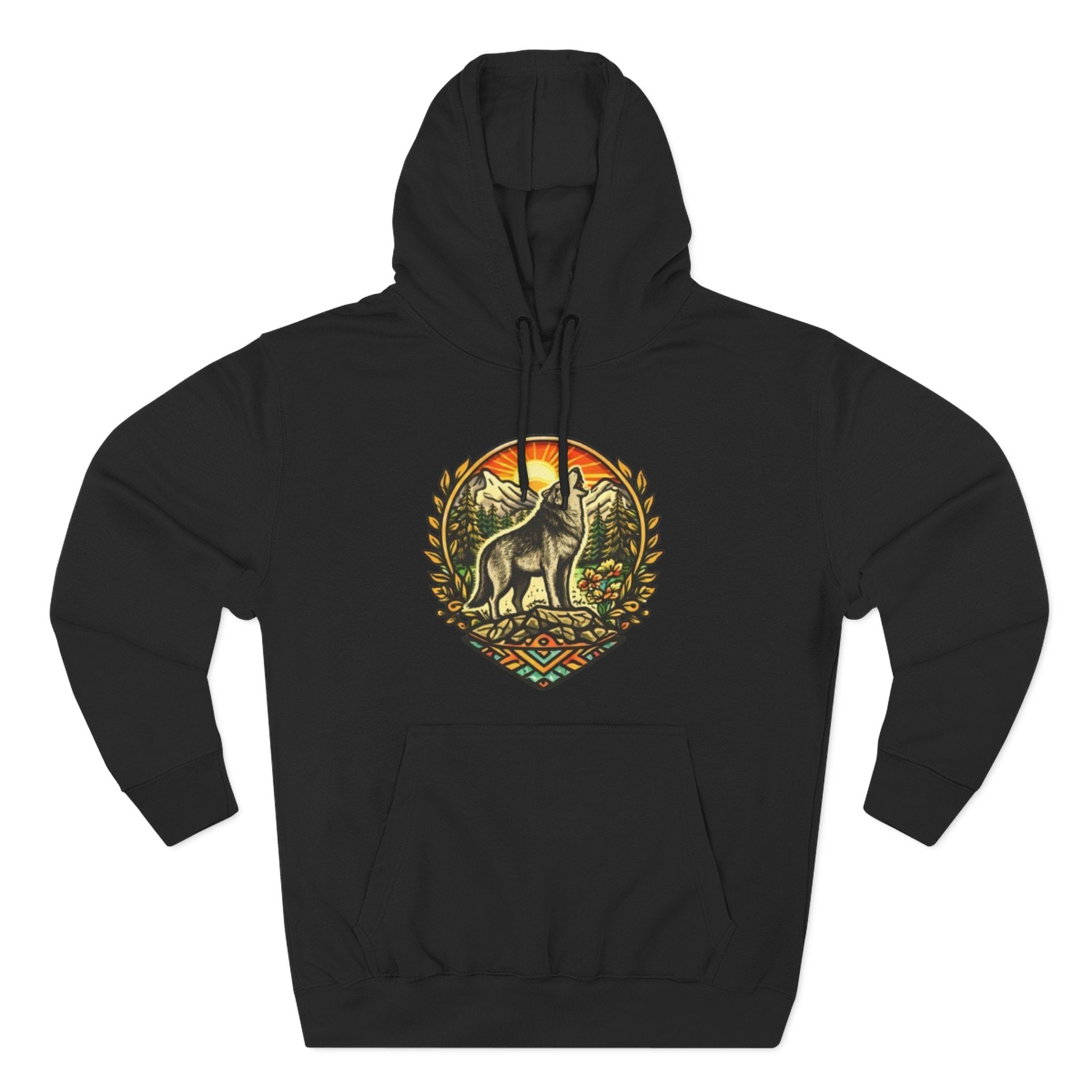 Wolf Sunset Hoodie | Vintage Forest Nature Graphic Fleece Hoodie