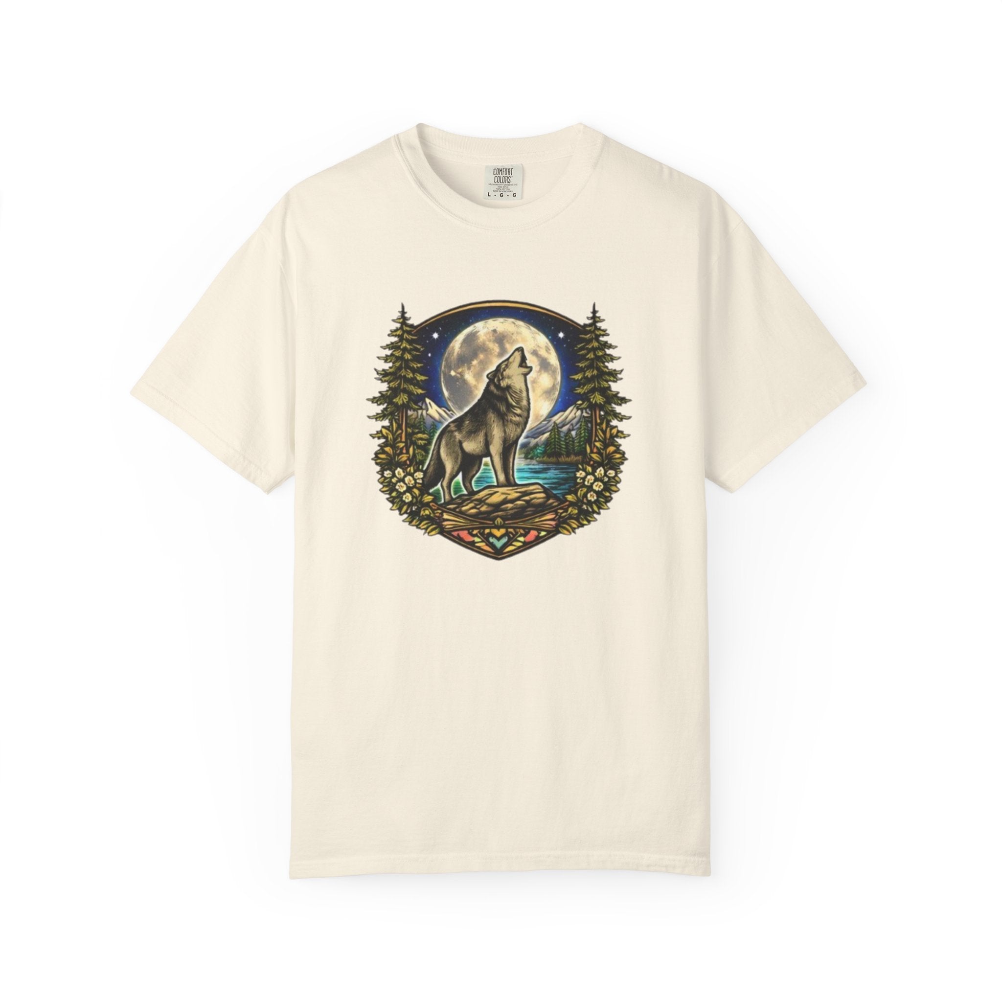 Wolf Howling at Full Moon T-Shirt | Forest Tree Border Graphic