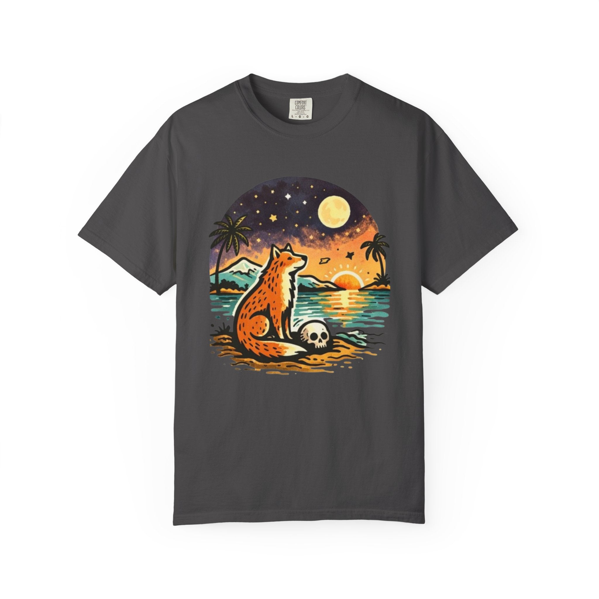 Fox Sunset T-Shirt - Beach Fox Graphic Tee with Skull, Moon & Palm Trees