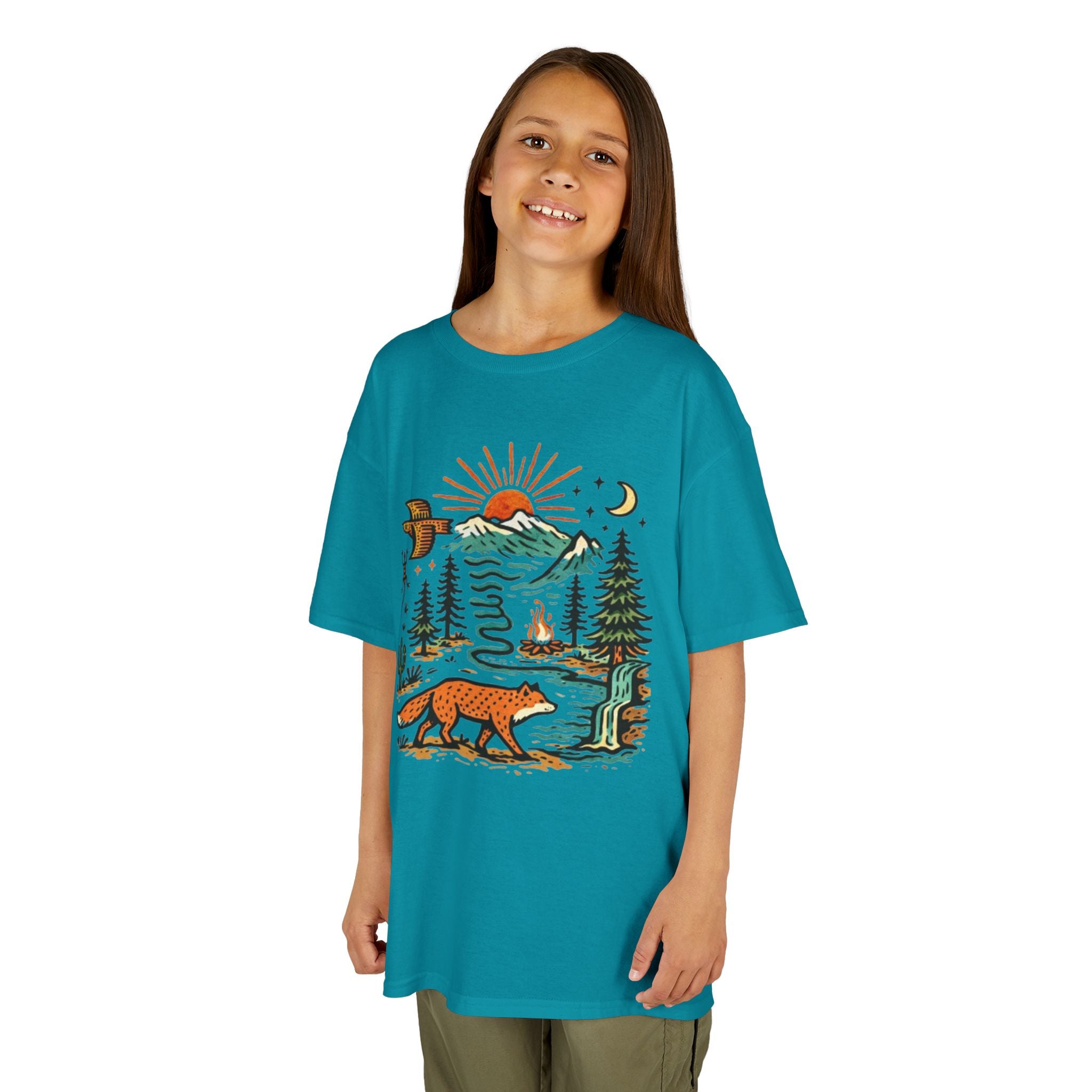 Kids T-Shirt | Retro Nature Scene with Fox Mountains & Sun | Adventure Outdoor Tee