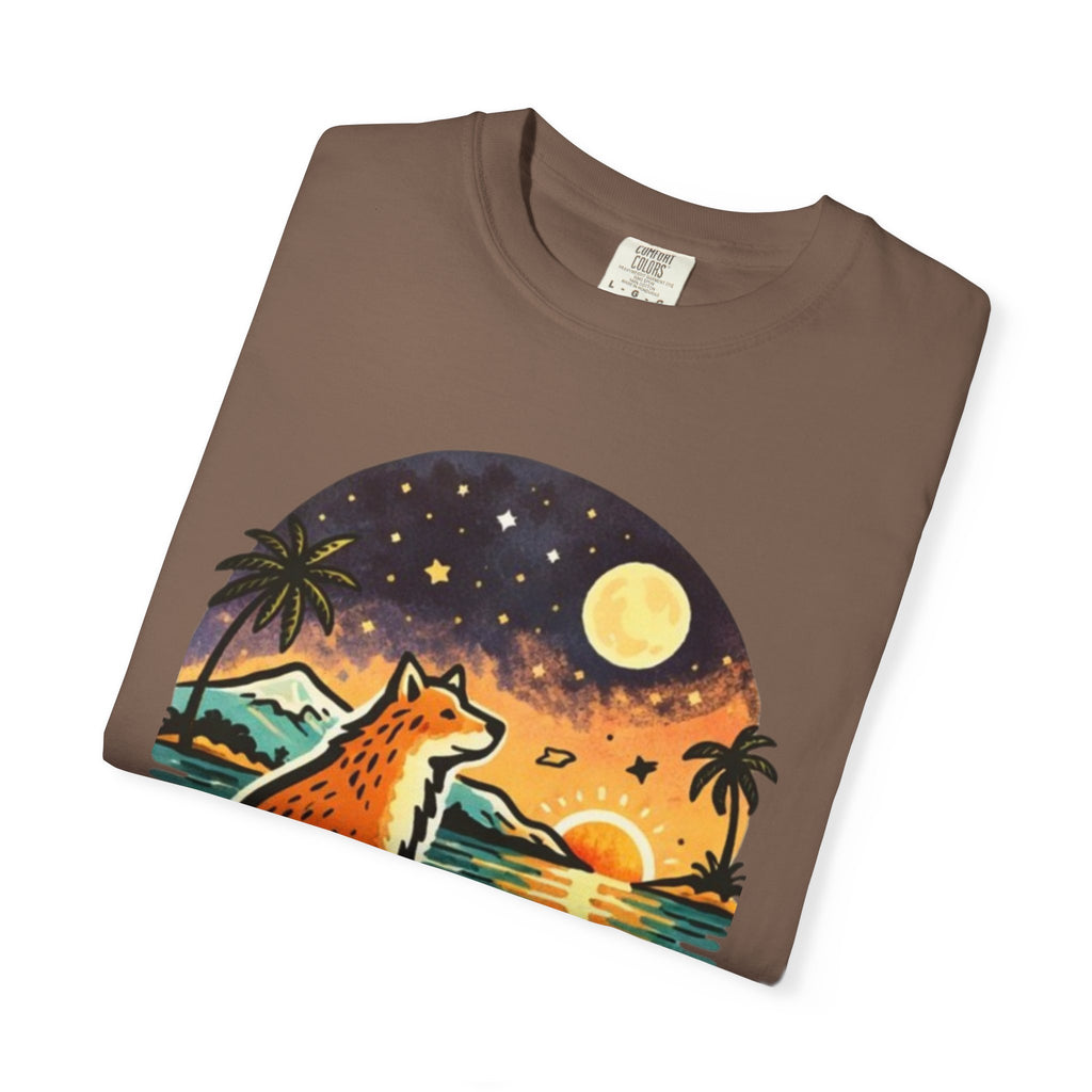 Fox Sunset T-Shirt - Beach Fox Graphic Tee with Skull, Moon & Palm Trees