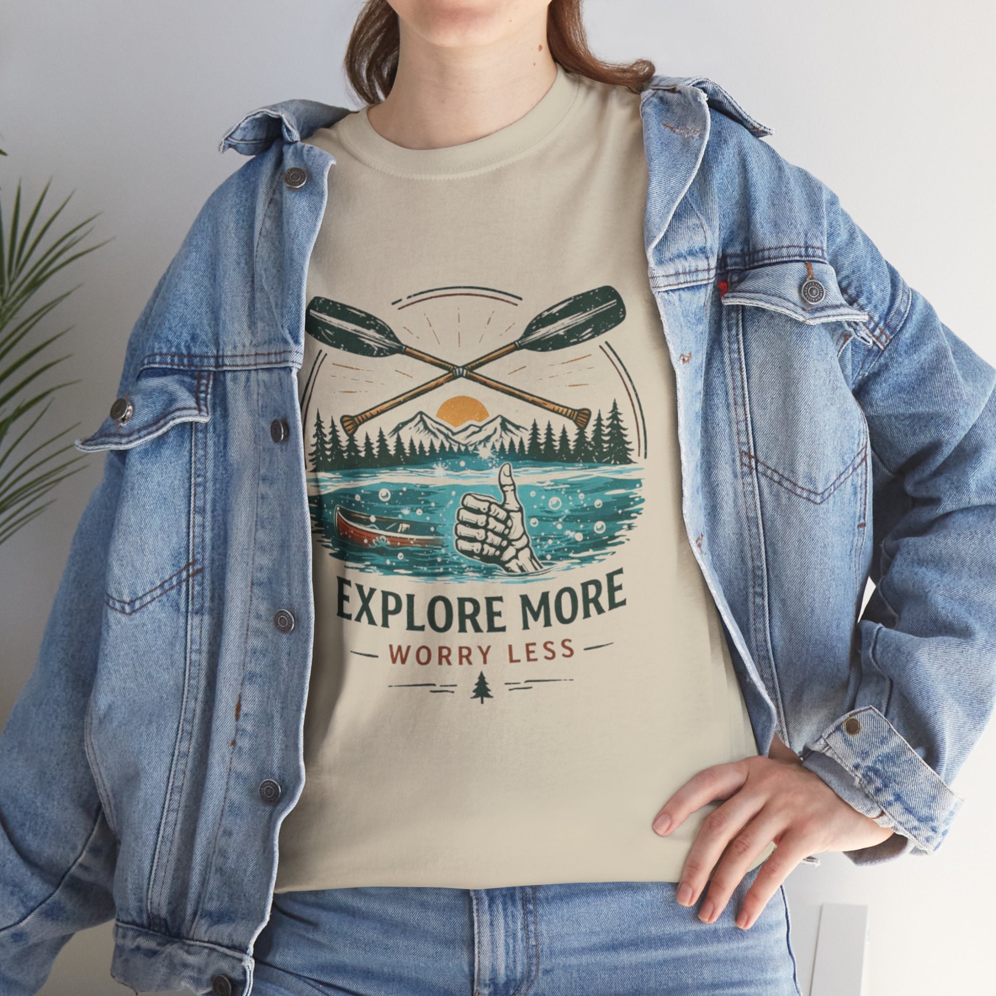 Explore More Worry Less T-Shirt | Outdoor Camping Canoe Graphic Skeleton Tee