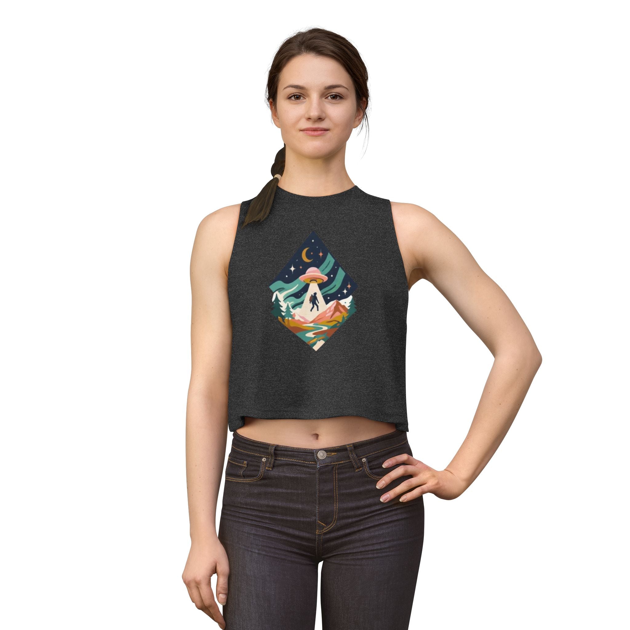 Alien Abduction Hiker Graphic Crop Top | Retro Mountain UFO Tank