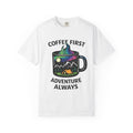Coffee First Adventure Always T-Shirt | Camping Mug Mountain Design