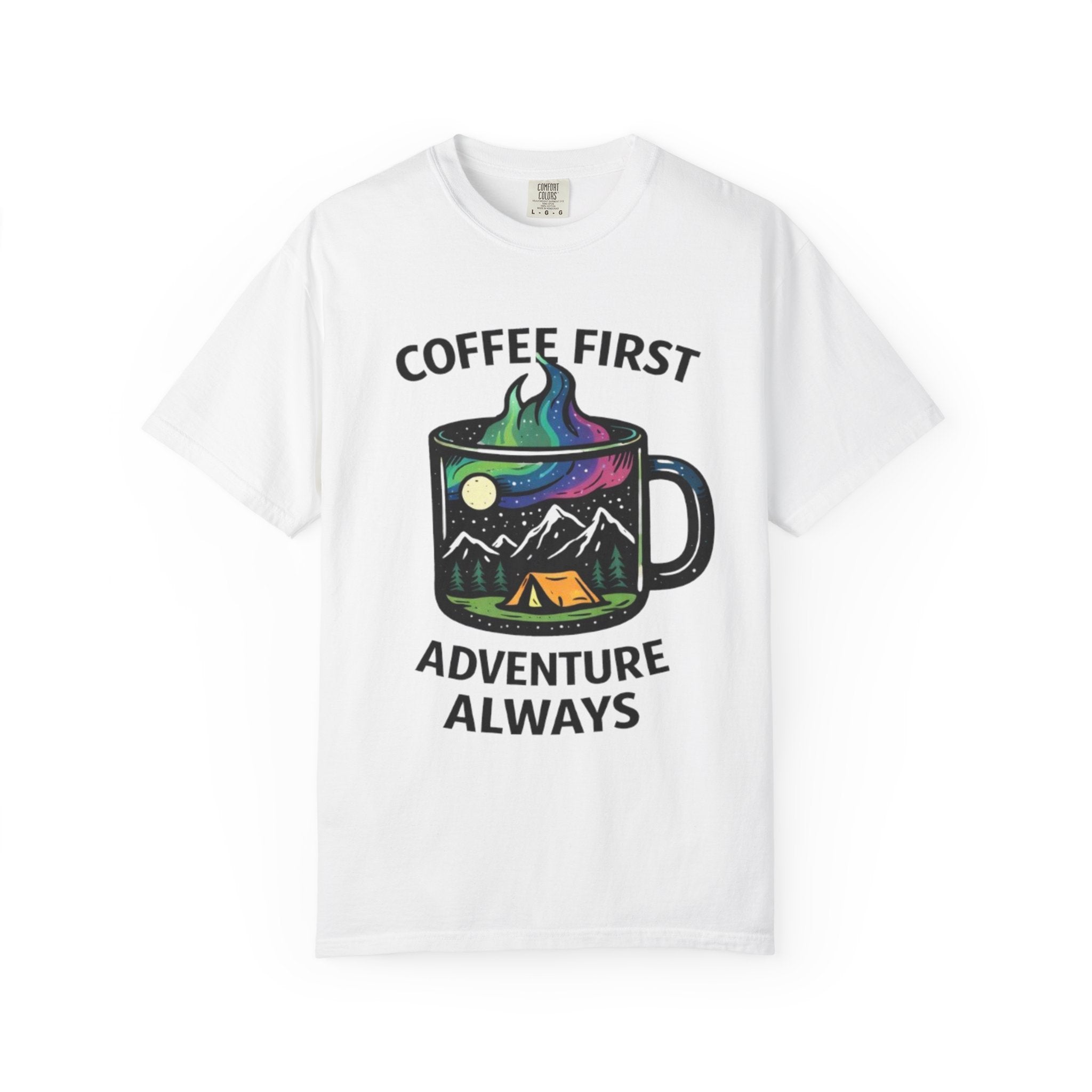 Coffee First Adventure Always T-Shirt | Camping Mug Mountain Design