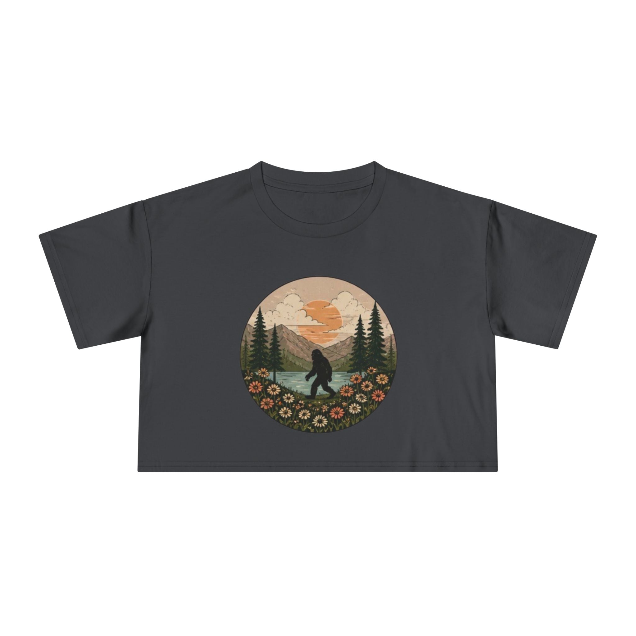 Bigfoot Sunset Crop Tee | Retro Mountain Floral Sasquatch Design