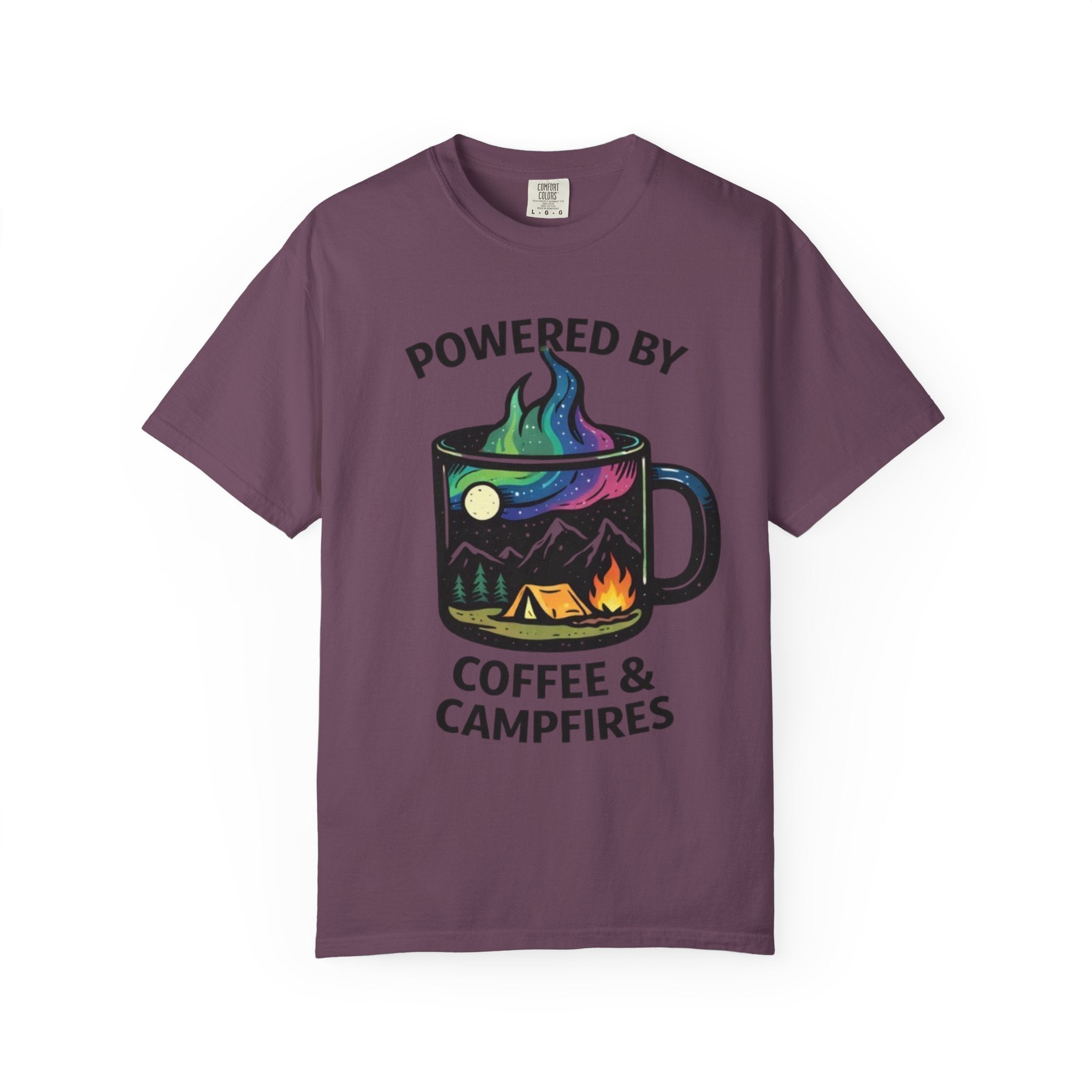 Powered by Coffee & Campfires T-shirt | Camping Mug Nature Graphic