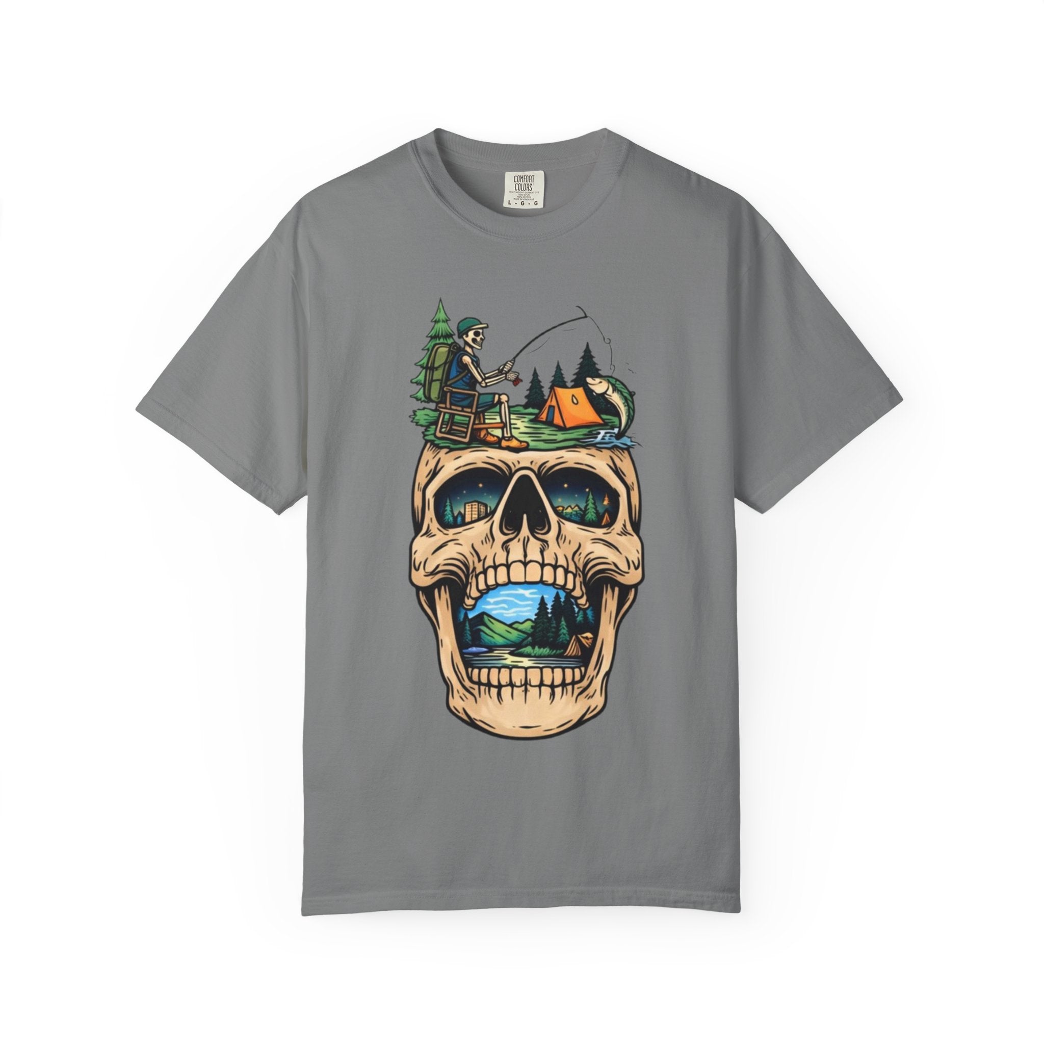 Skull Camping Scene T-shirt | Fishing, Tent, Forest Outdoor Graphic