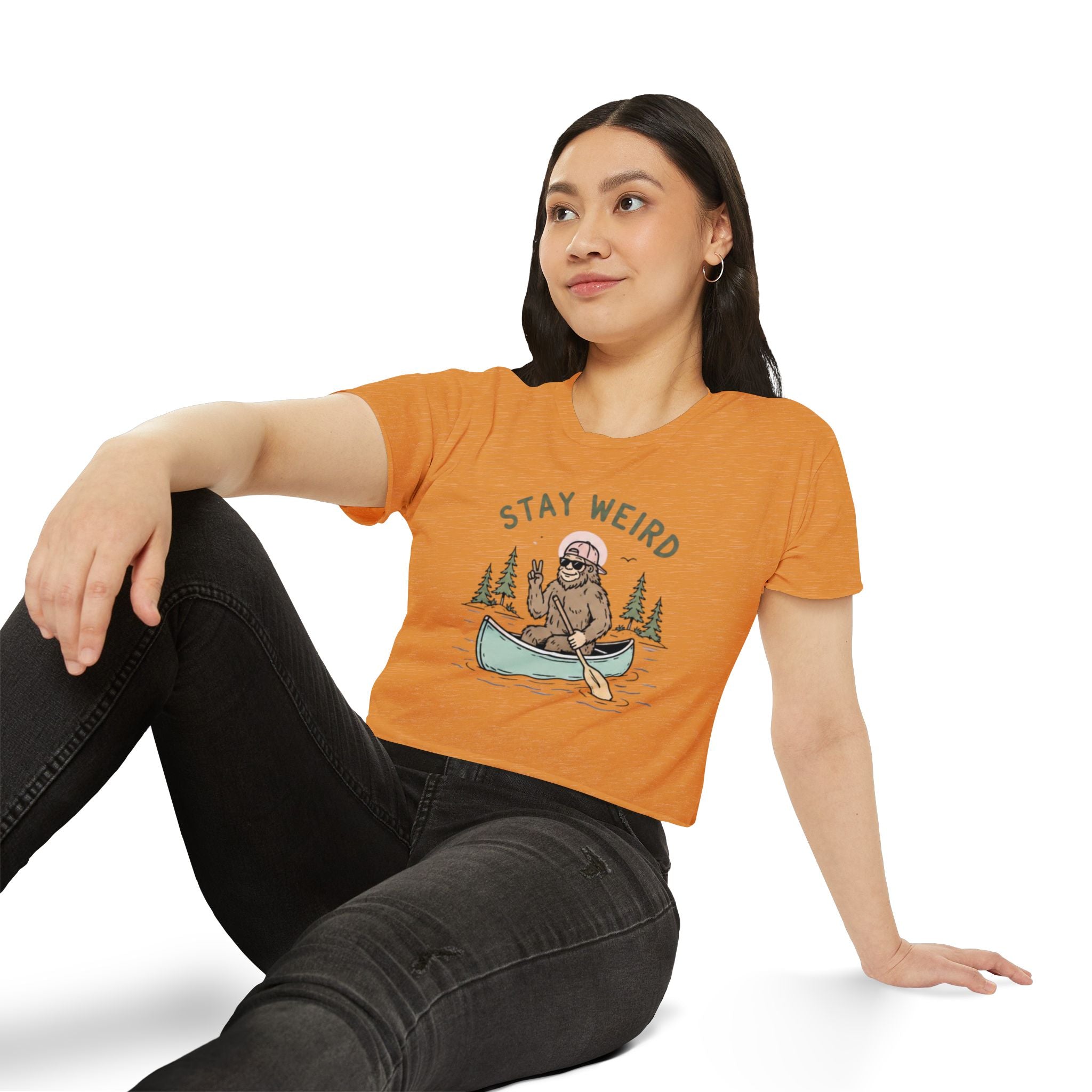 Stay Weird Crop Top | Cute Sasquatch Canoe Graphic Womens Festival Shirt