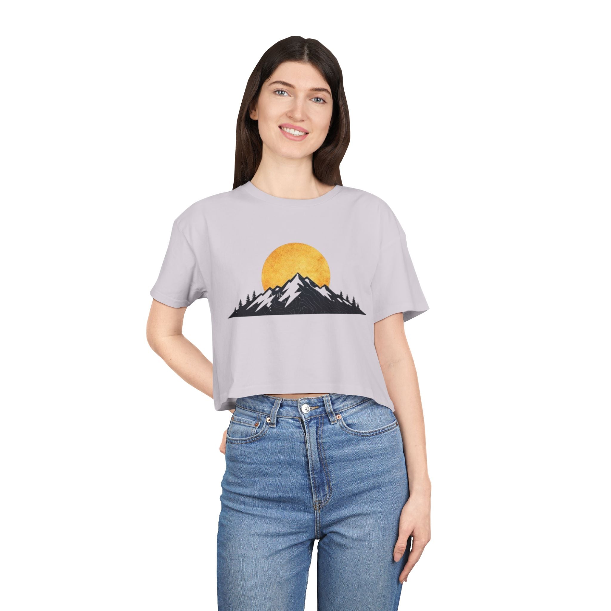Mountain Sunrise Womens Crop Tee | Minimal Nature Graphic Top