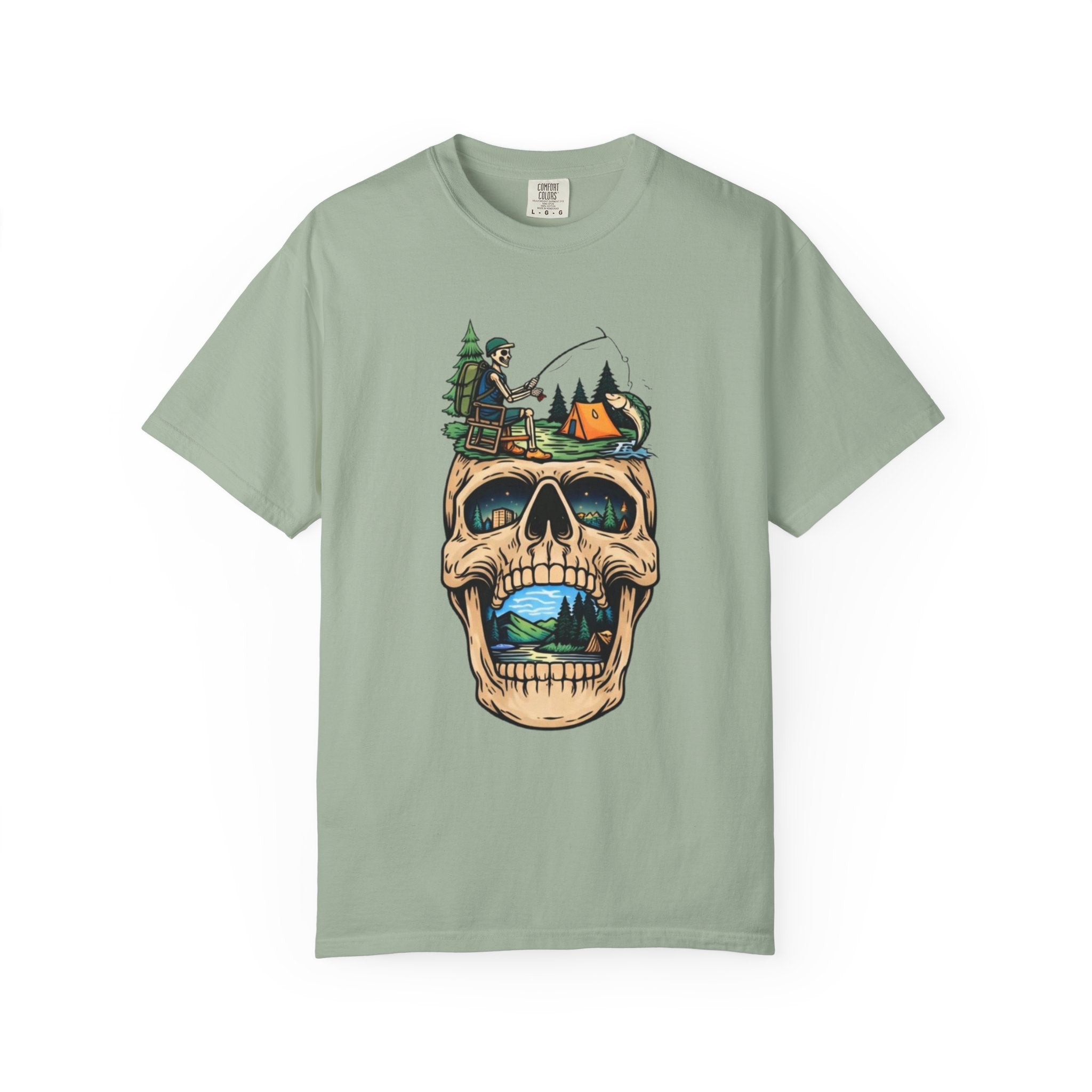 Skull Camping Scene T-shirt | Fishing Camper, Tent & Forest Graphic