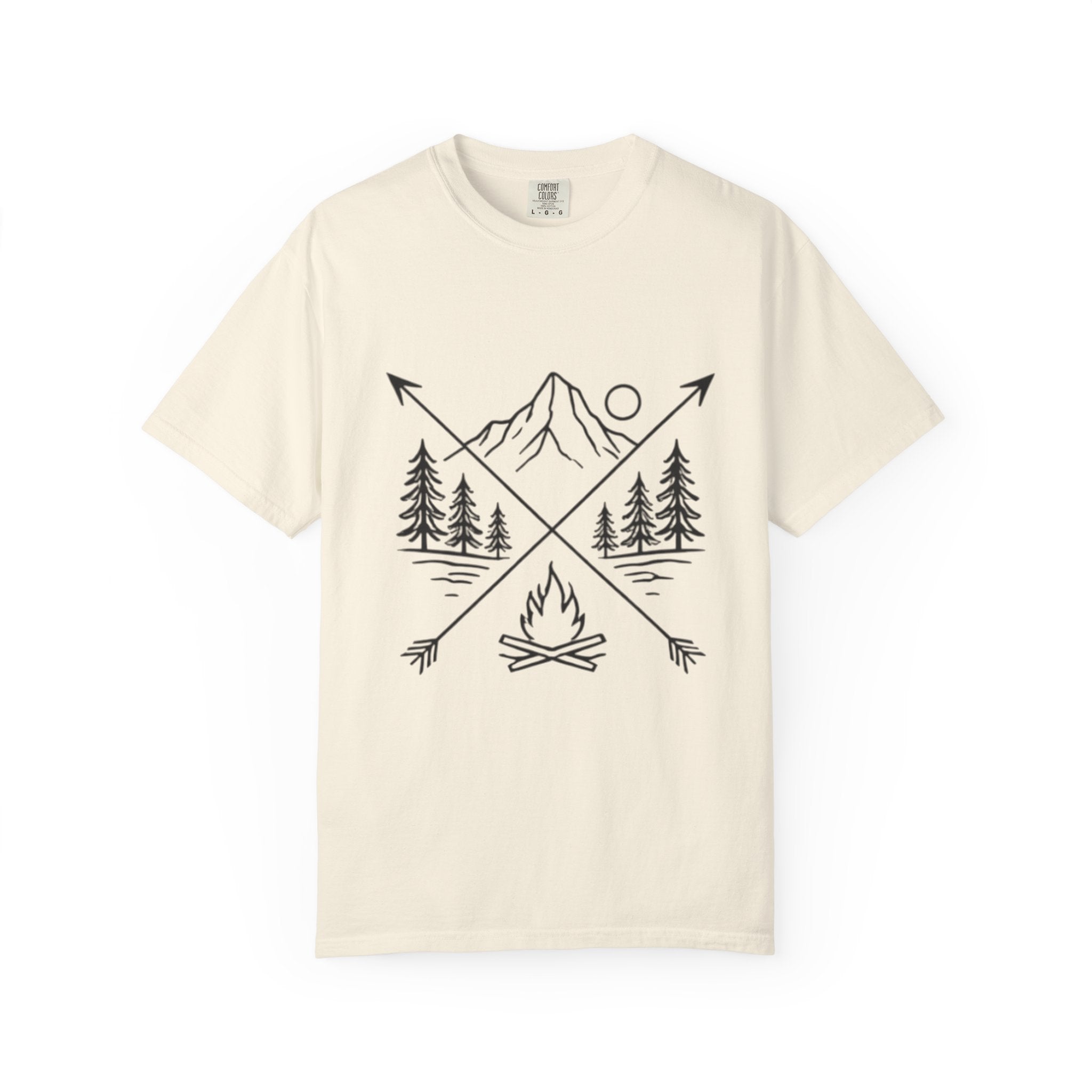 Campfire Mountain T-Shirt | Outdoor Adventure Tee with Arrows & Pines