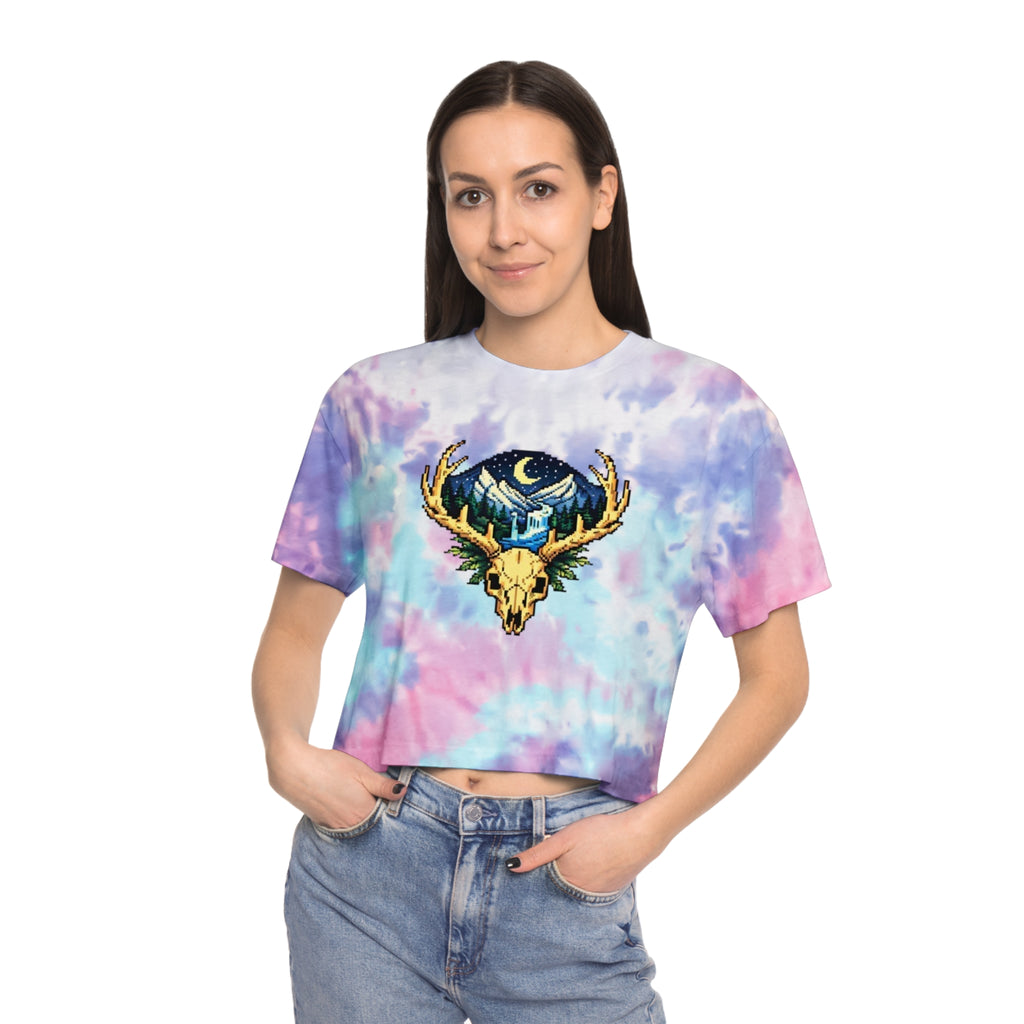 Tie-Dye Crop Tee | Pixel Art Deer Skull & Mountainscape